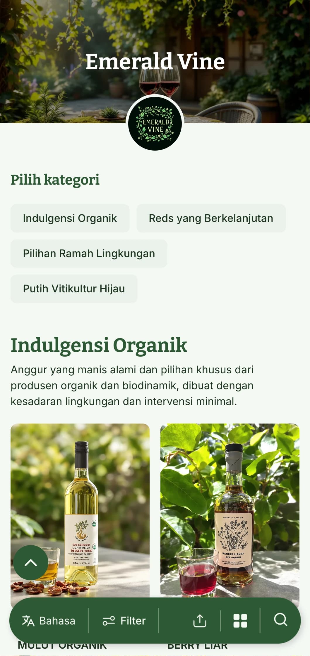 Templat daftar anggur bertema hijau yang rimbun dengan elemen botani dan tekstur alami, cocok untuk pilihan anggur organik dan restoran taman.