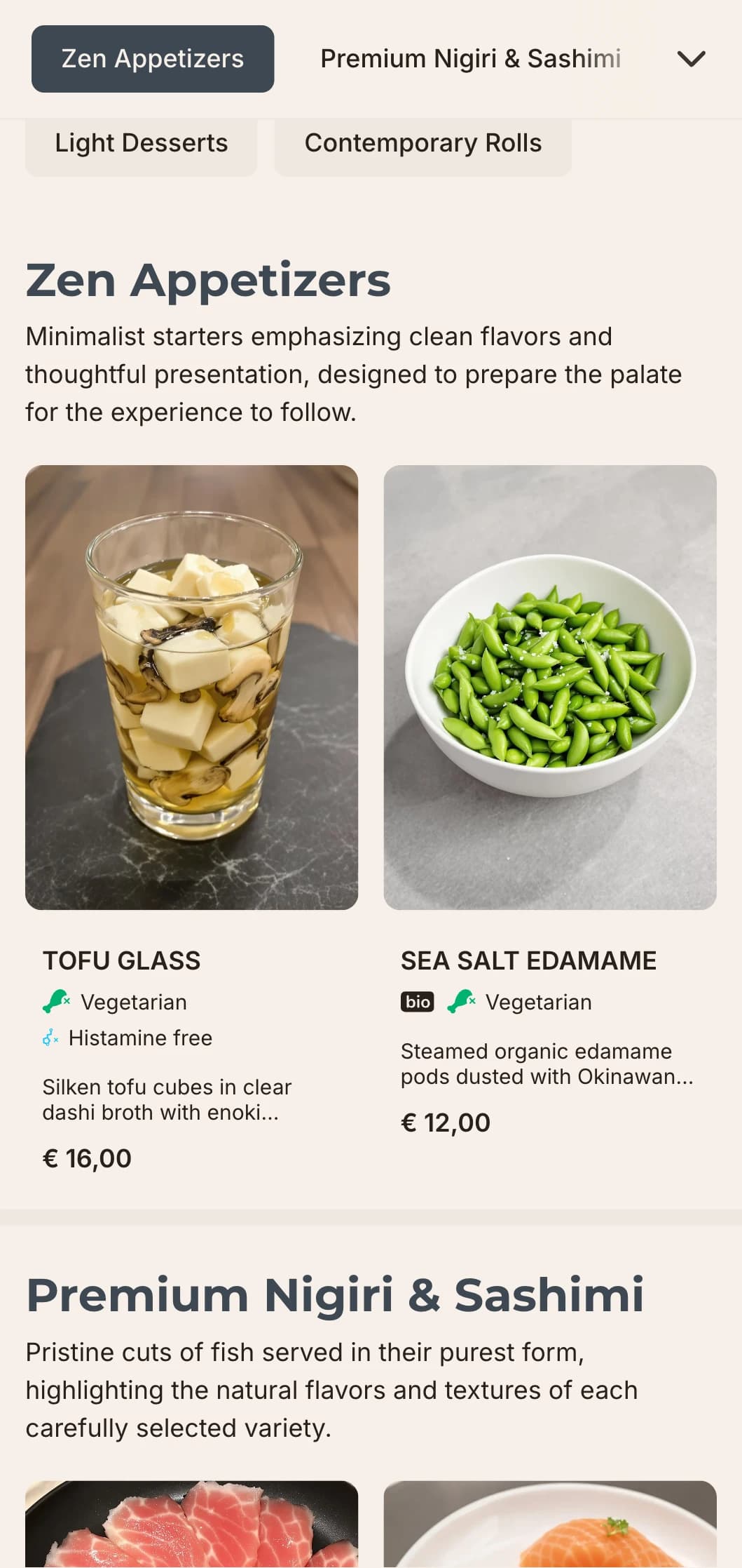 Clean, contemporary sushi menu design with minimalist aesthetic, perfect for upscale Japanese restaurants focusing on simplicity and quality.
