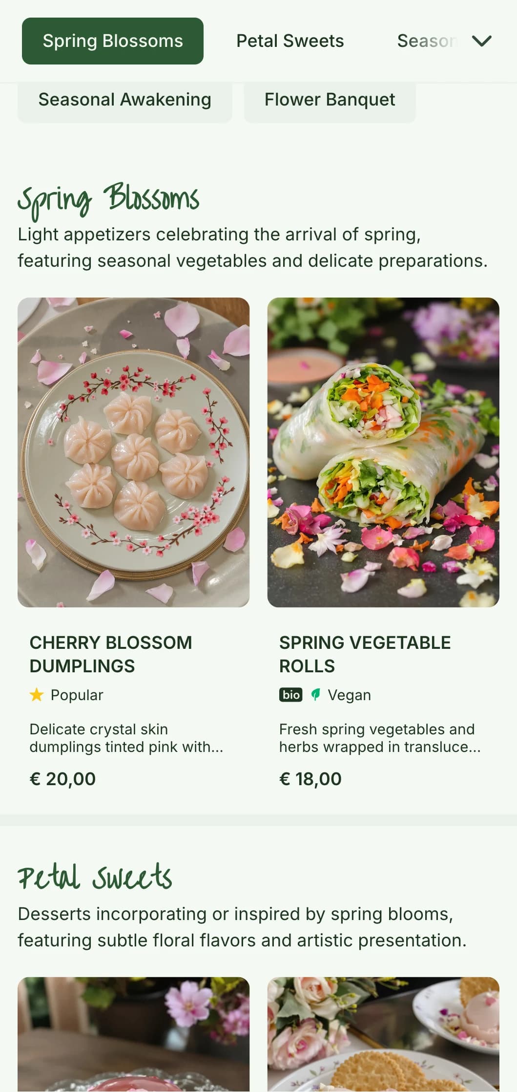 Fresh Chinese menu design inspired by cherry and plum blossoms, with delicate patterns for seasonal spring offerings.