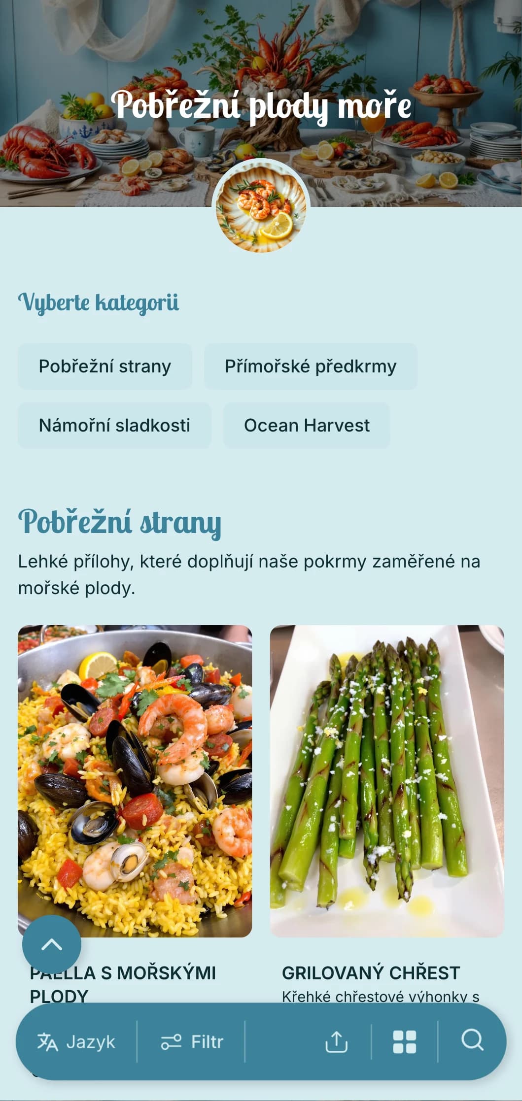 Catering zaměřený na čerstvé mořské plody s oceánskými úlovky, námořními prvky a pobřežní prezentací pro akce na pláži a milovníky mořských plodů.