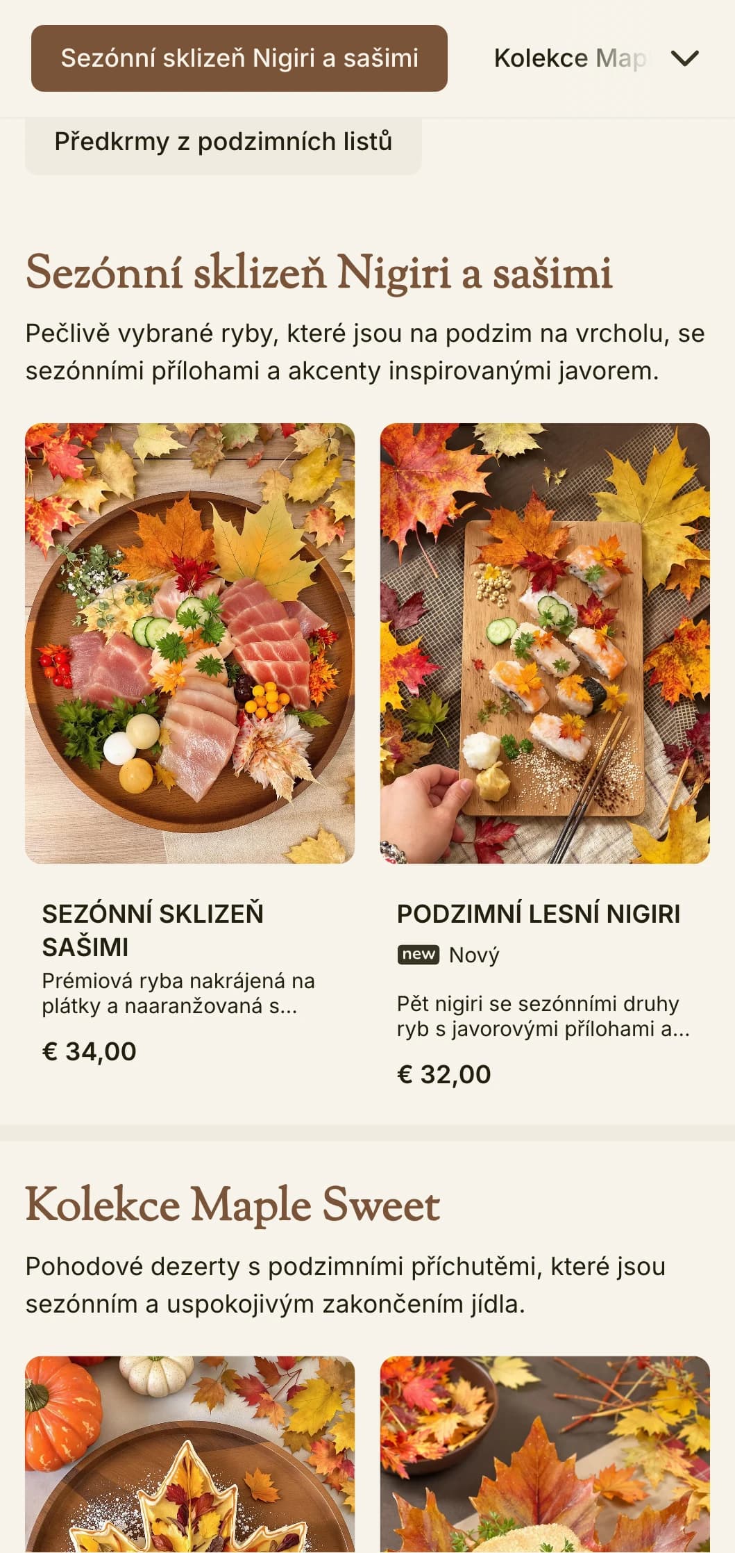 Teplé sezónní sushi menu s bohatými javorovými tóny a prvky inspirovanými podzimem pro tradiční stolování.