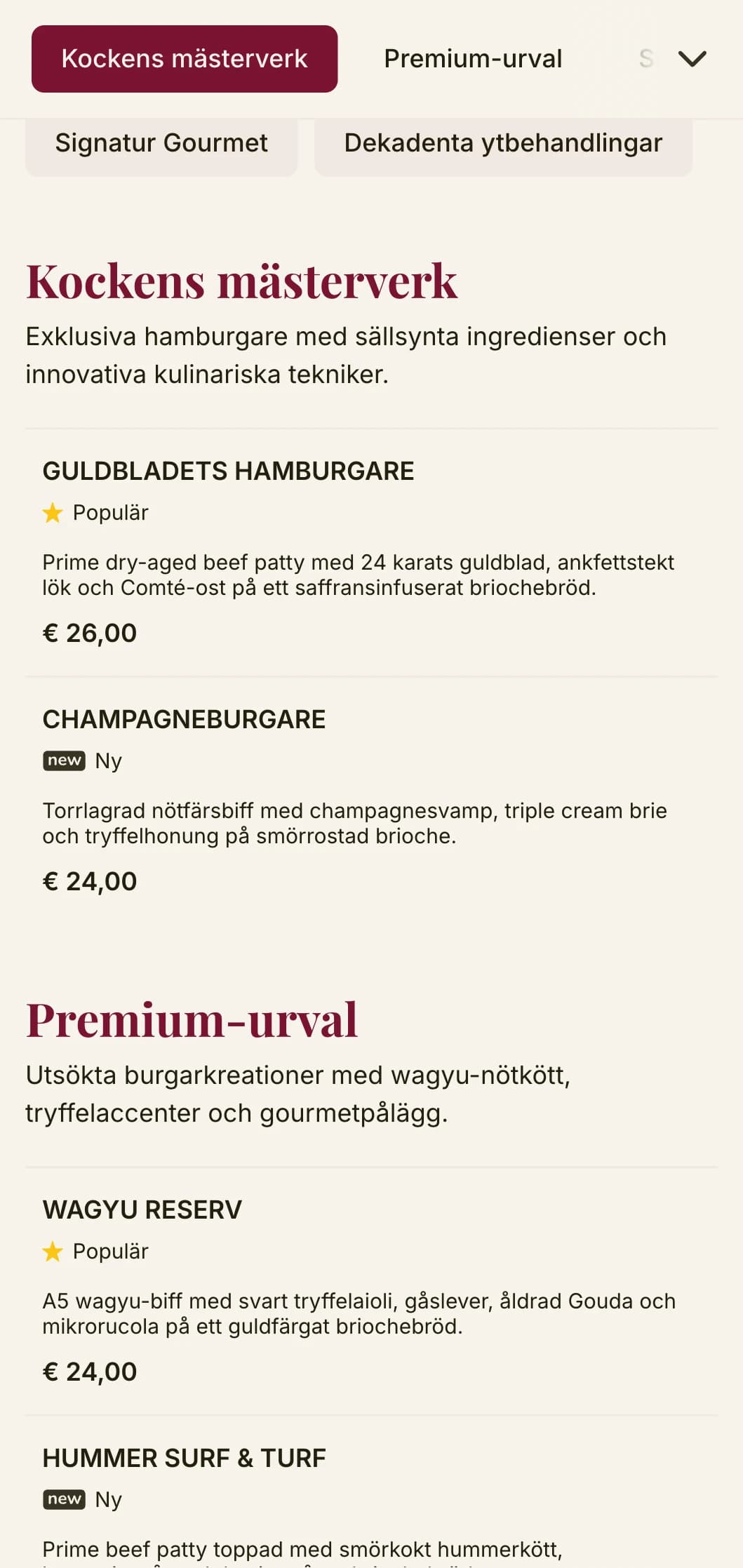 Förhöjd hamburgerupplevelse med förstklassig typografi och rik färgpalett för en exklusiv hamburgerupplevelse.
