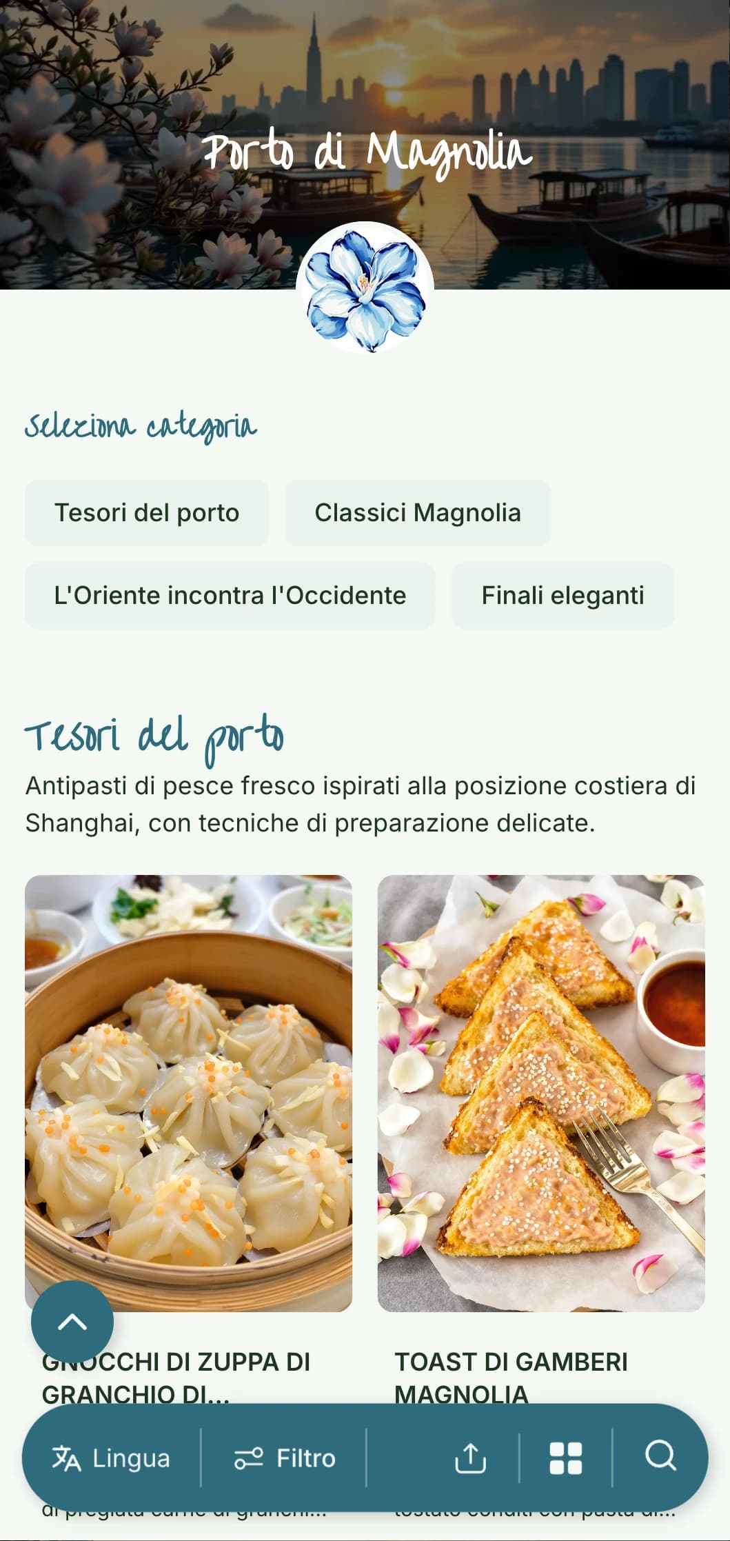 Elegante menu cinese ispirato alla cucina di Shanghai e all'estetica del porto, con accenti floreali per una cena raffinata.