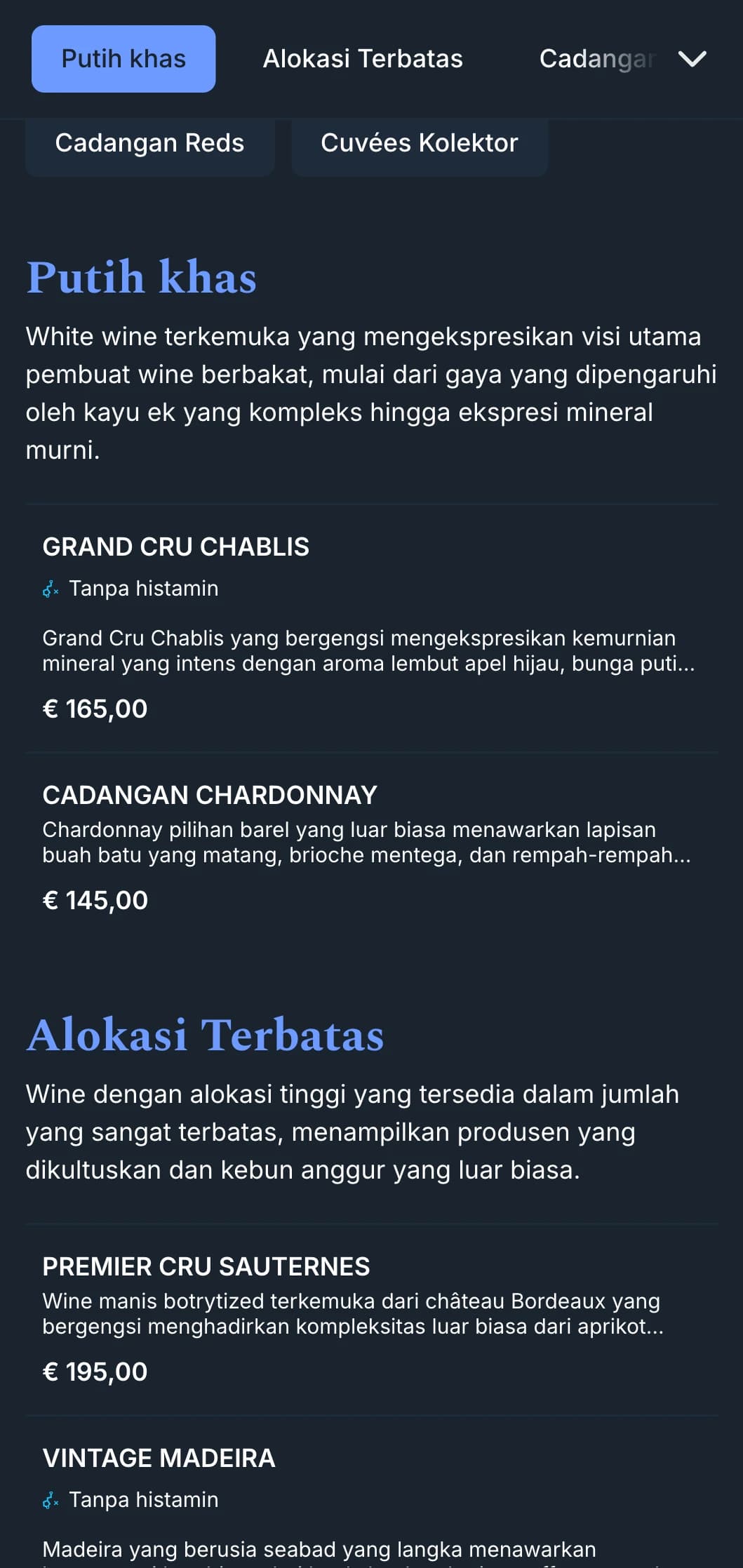 Templat daftar anggur yang sangat canggih dengan aksen biru mencolok dengan latar belakang biru tua, ideal untuk bar anggur premium dan tempat makan malam.