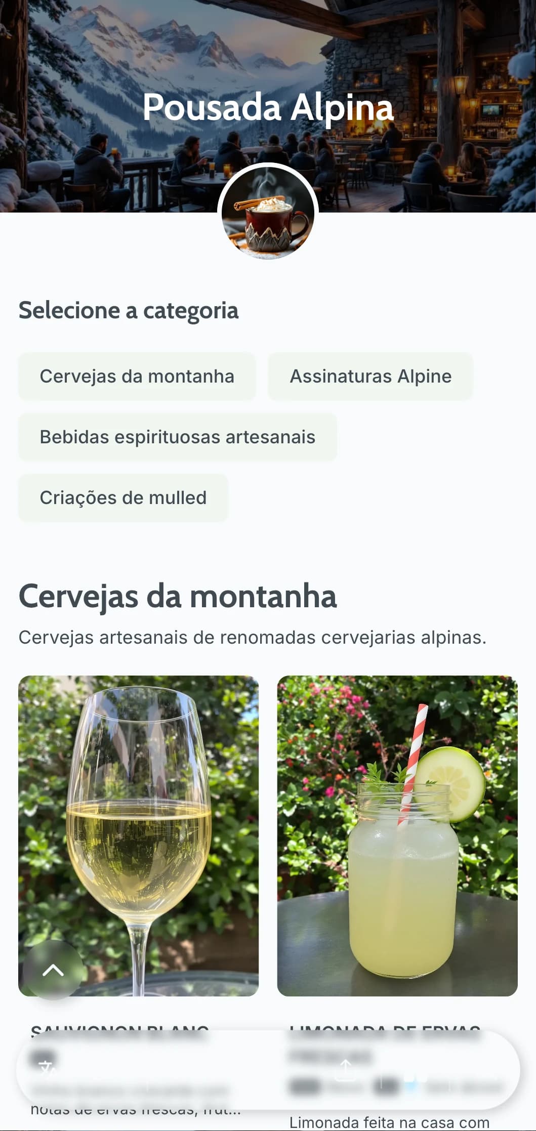 Design cinza-azulado inspirado em retiros nas montanhas para bares após o esqui.