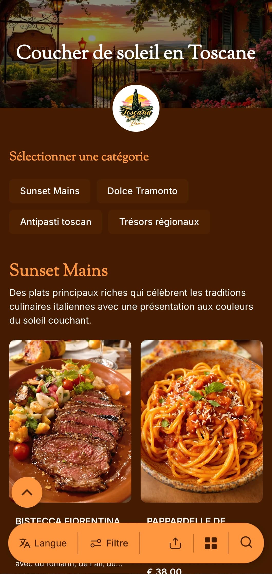 Un menu chaleureux, d'inspiration toscane, avec des tons de terre cuite et des éléments de design italiens, idéal pour les restaurants italiens authentiques.