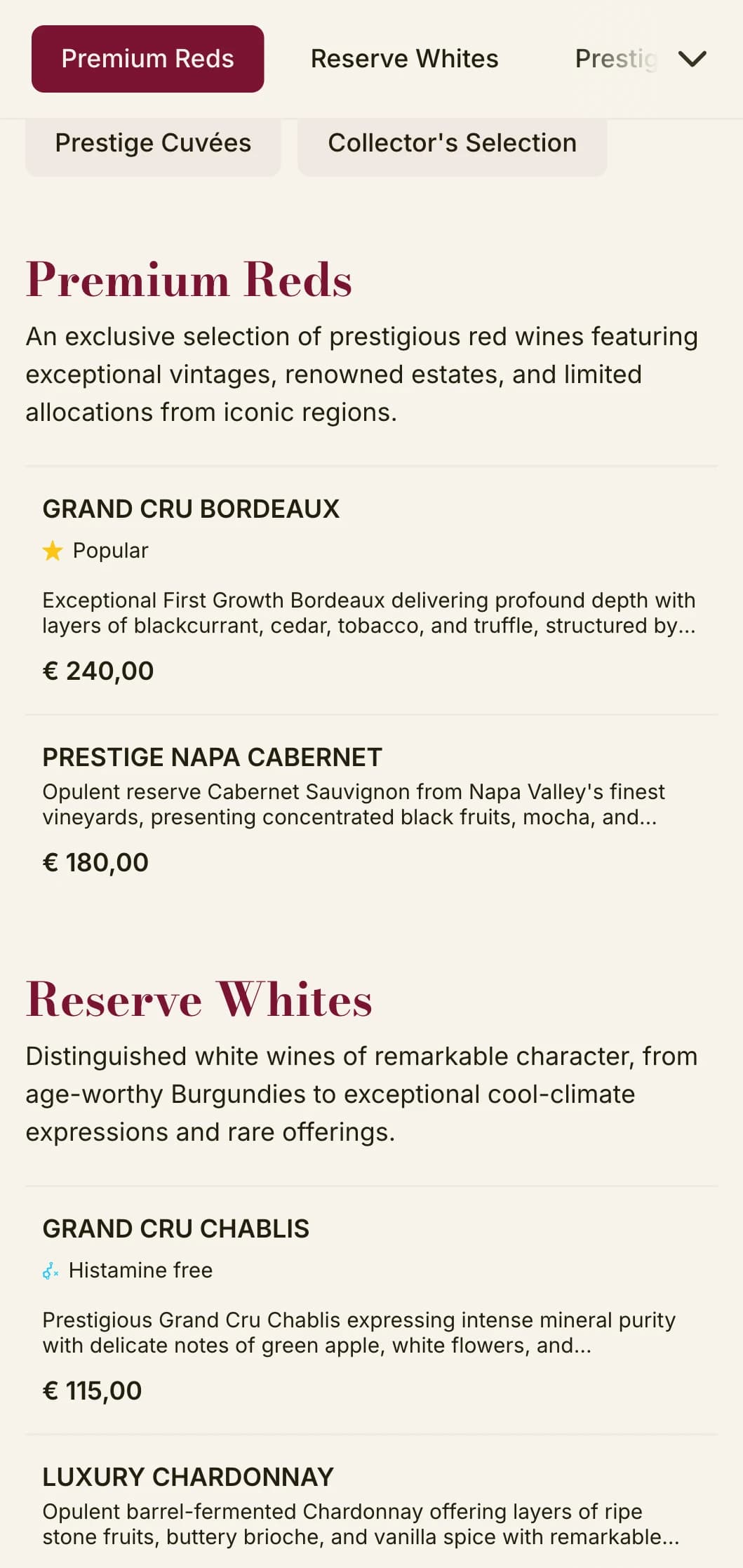 Dramatically luxurious wine list template with rich burgundy accents and sophisticated typography, ideal for premium steakhouses and wine cellars.