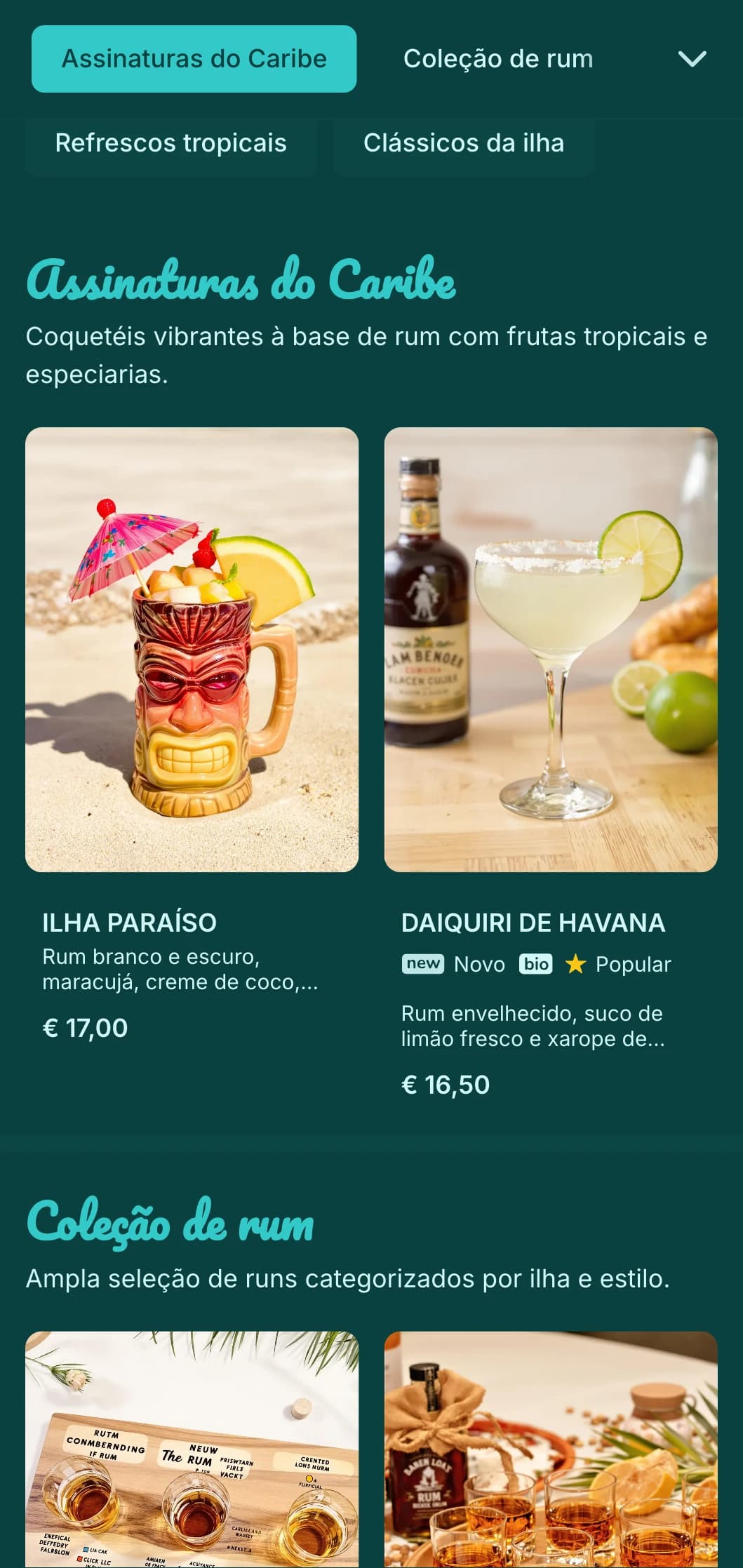 Design turquesa brilhante com elementos festivos para bares de praia com rum.