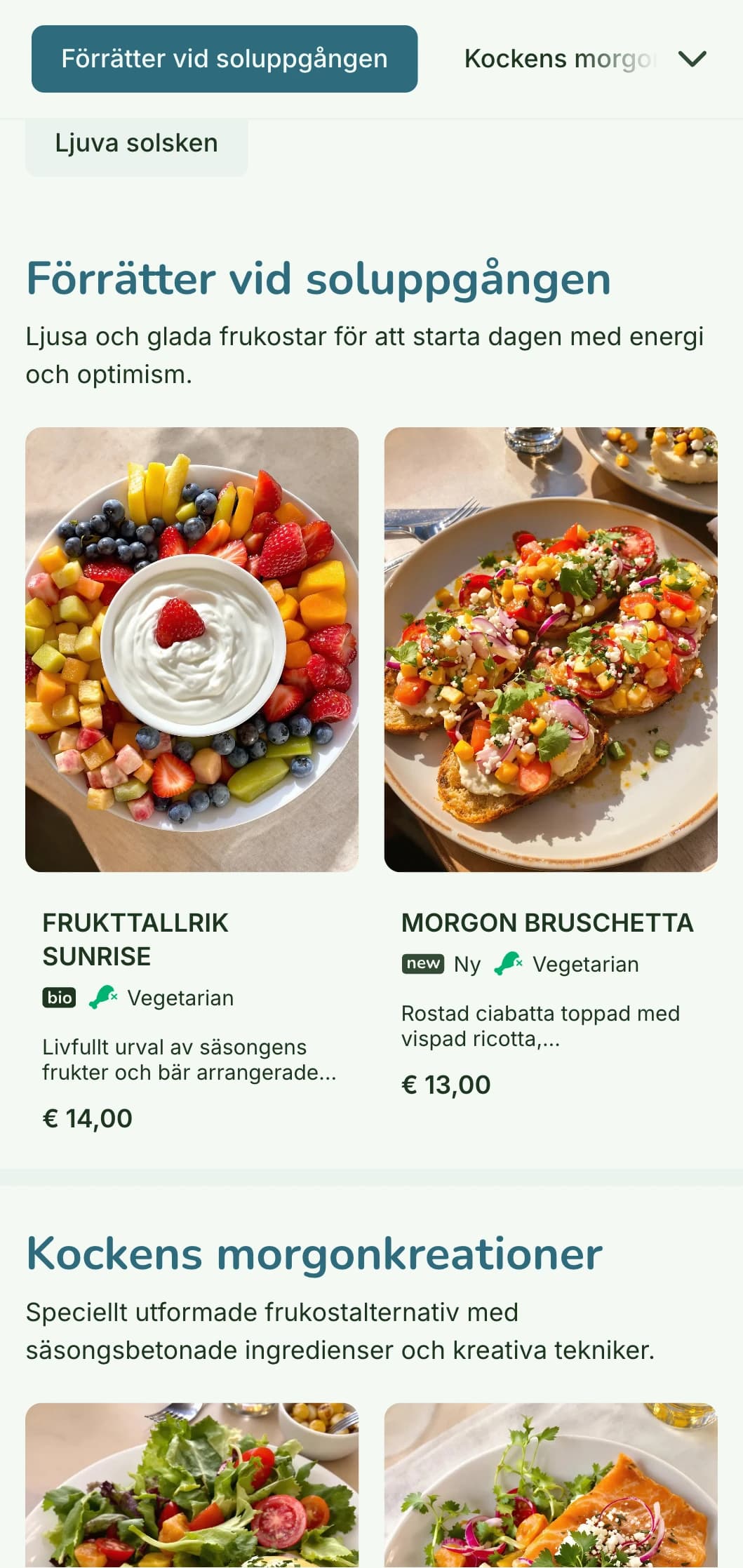 Ljus och glad frukostmeny med färska, färgglada ingredienser i en avslappnad men ändå raffinerad bistromiljö.