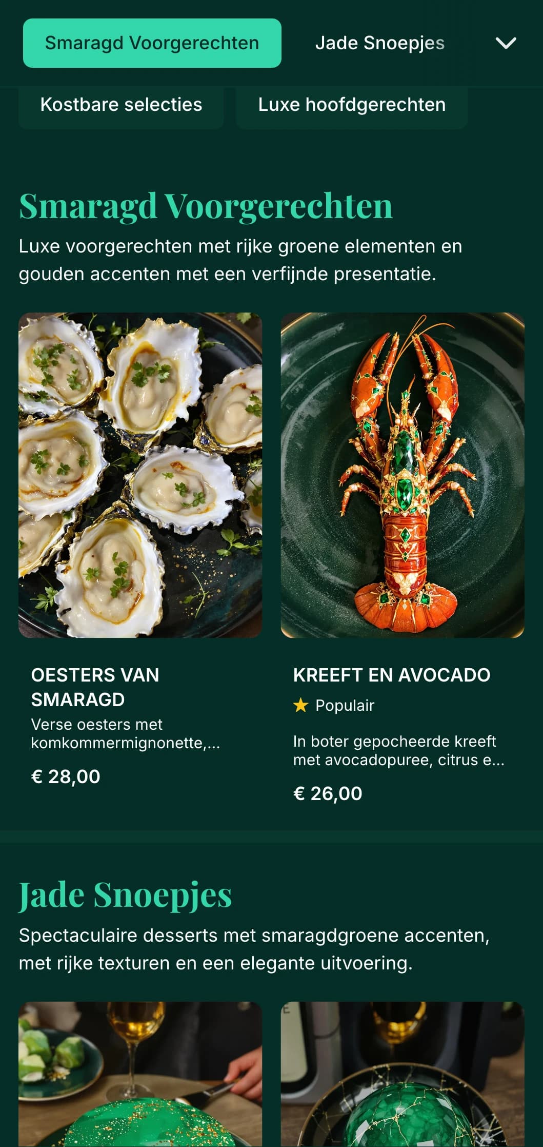 Een luxe dinermenu met rijke smaragdgroene tinten en gouden accenten, ontworpen voor chique eetgelegenheden.