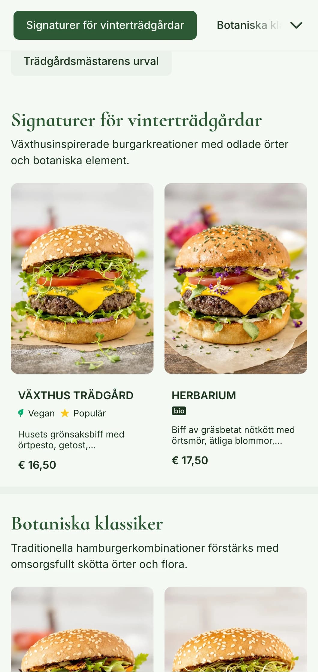 Växtfokuserad burgarträdgård med växthuselement och botaniska illustrationer.