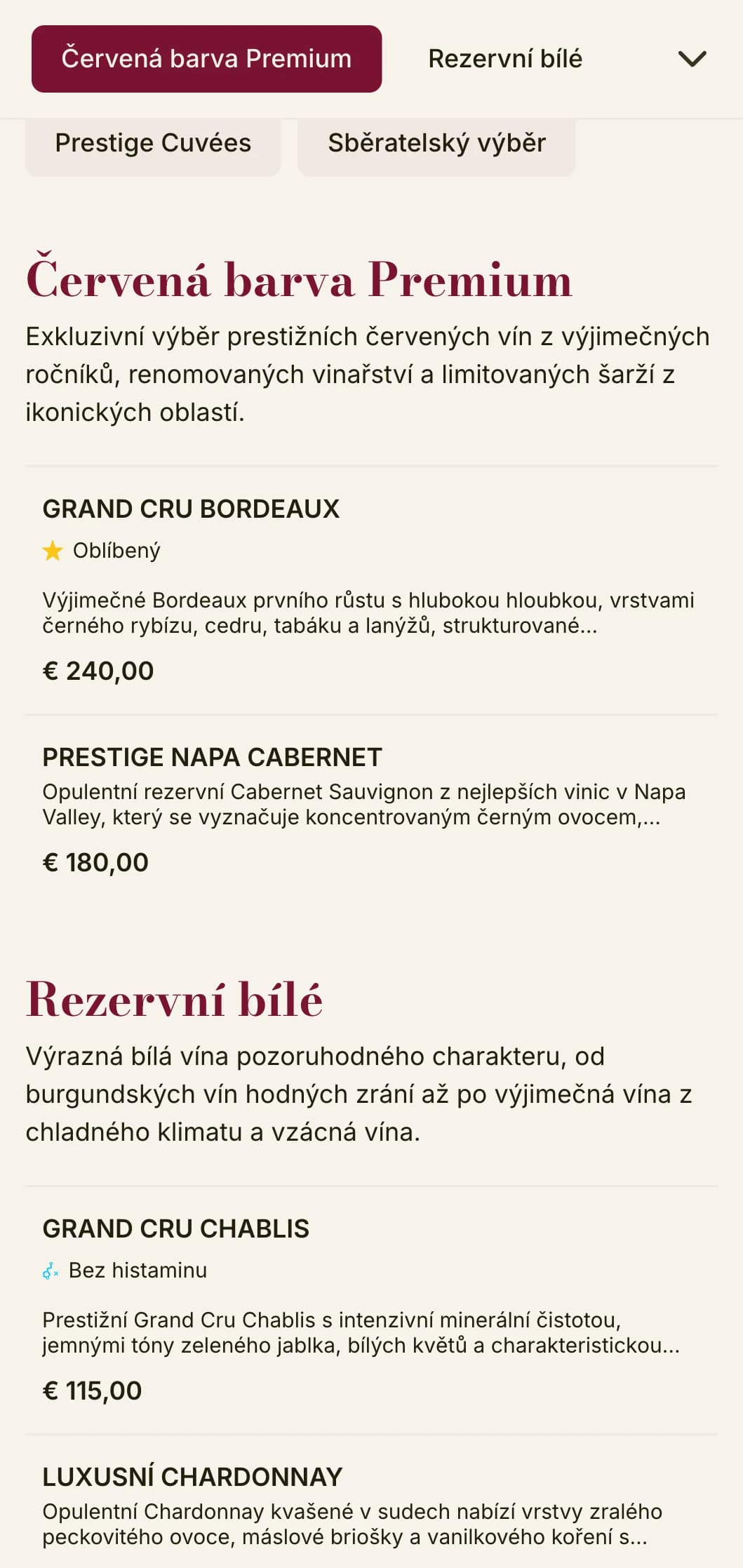 Dramaticky luxusní šablona vinného lístku s bohatými vínovými akcenty a sofistikovanou typografií, ideální pro prémiové steakhousy a vinné sklepy.