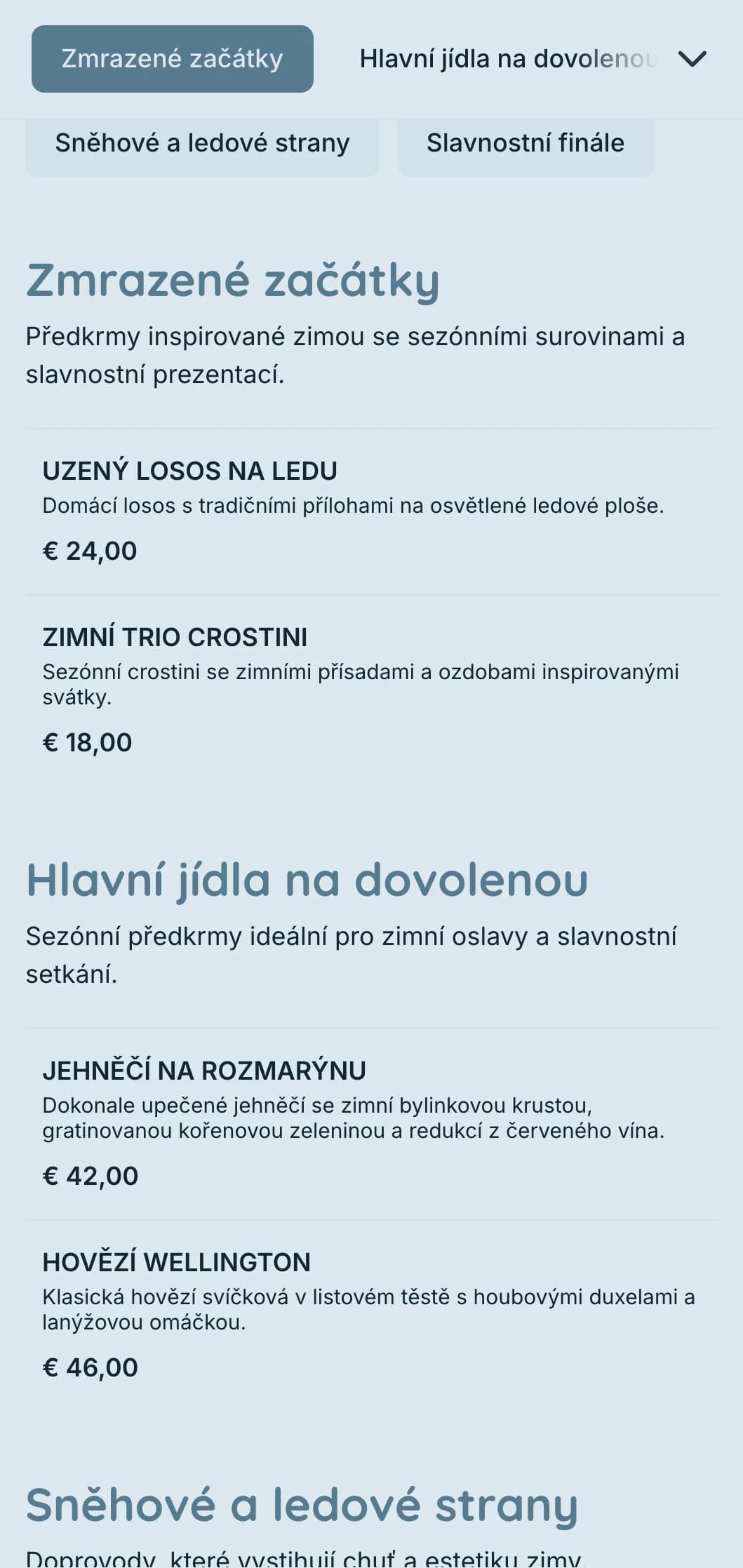 Kouzelný catering se zimní tematikou, sezónními surovinami, dramatickou prezentací a útulnými prvky pro sváteční večírky a zimní akce.