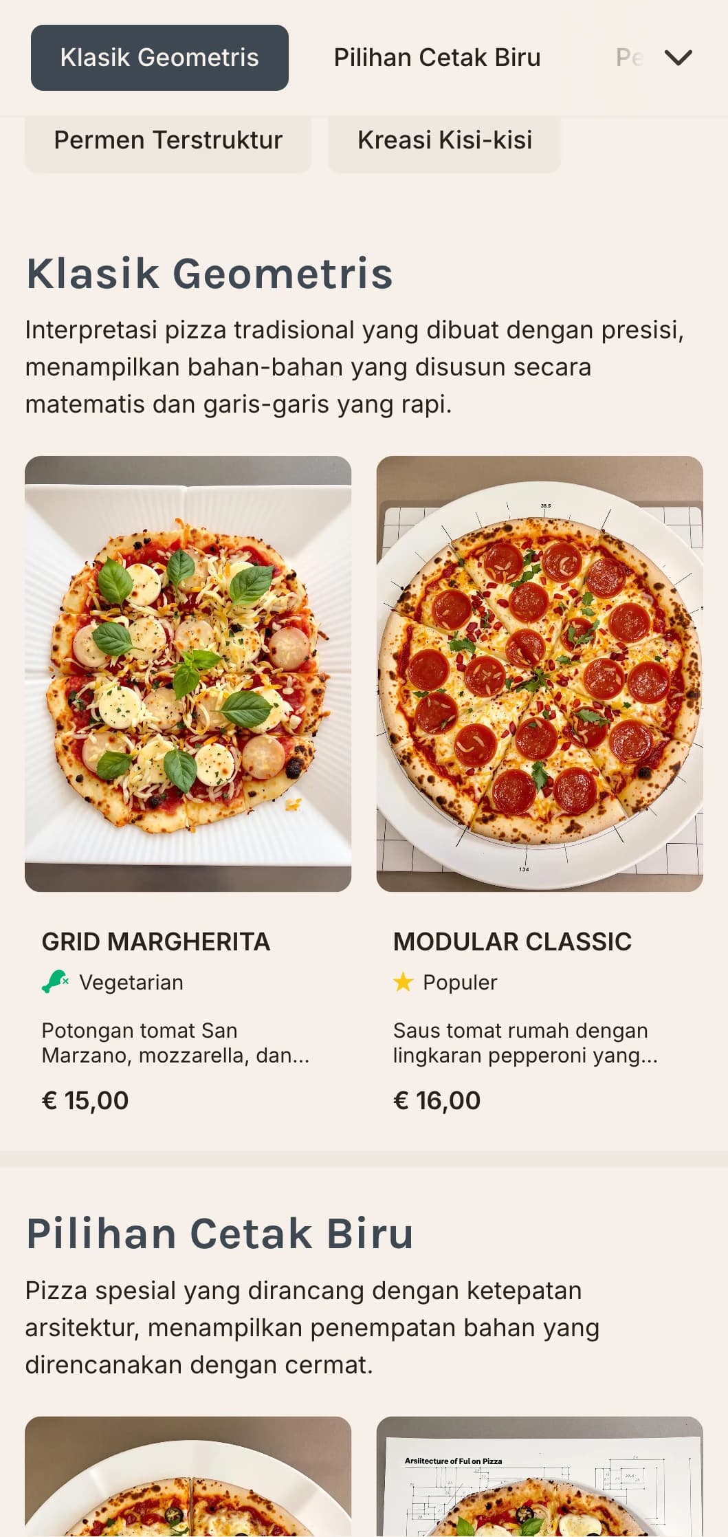 Menu pizza modern yang geometris dengan tata letak kisi-kisi dan elemen desain yang tepat.