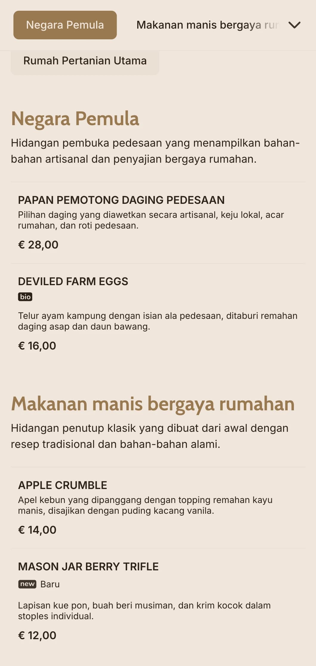 Katering yang terinspirasi dari suasana pedesaan yang hangat dengan hidangan lezat, layanan bergaya keluarga, dan presentasi pedesaan untuk pernikahan di lumbung dan acara pedesaan.