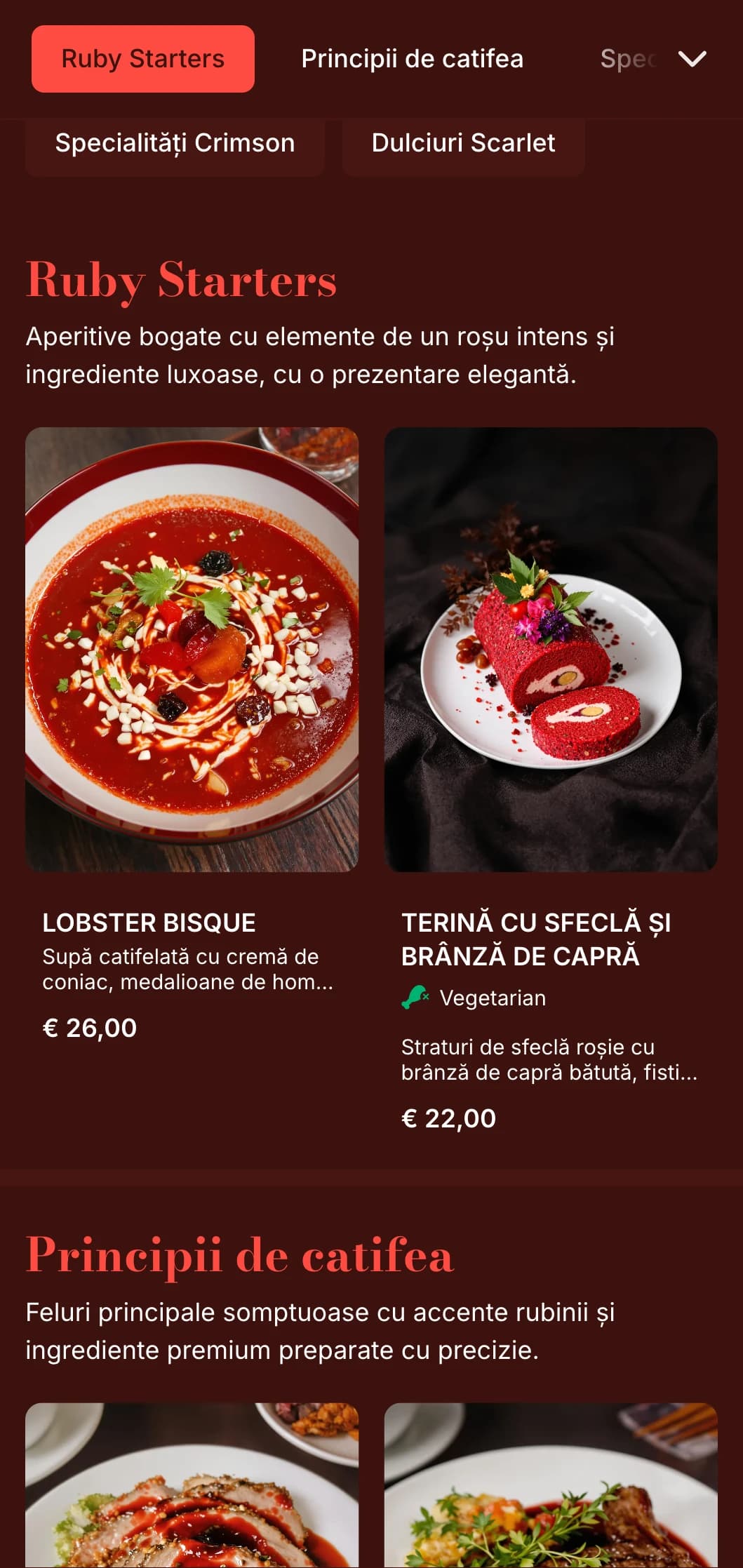 Un meniu de cină bogat, roșu rubiniu, cu texturi de pluș și elemente dramatice, conceput pentru locuri de luat masa romantice.