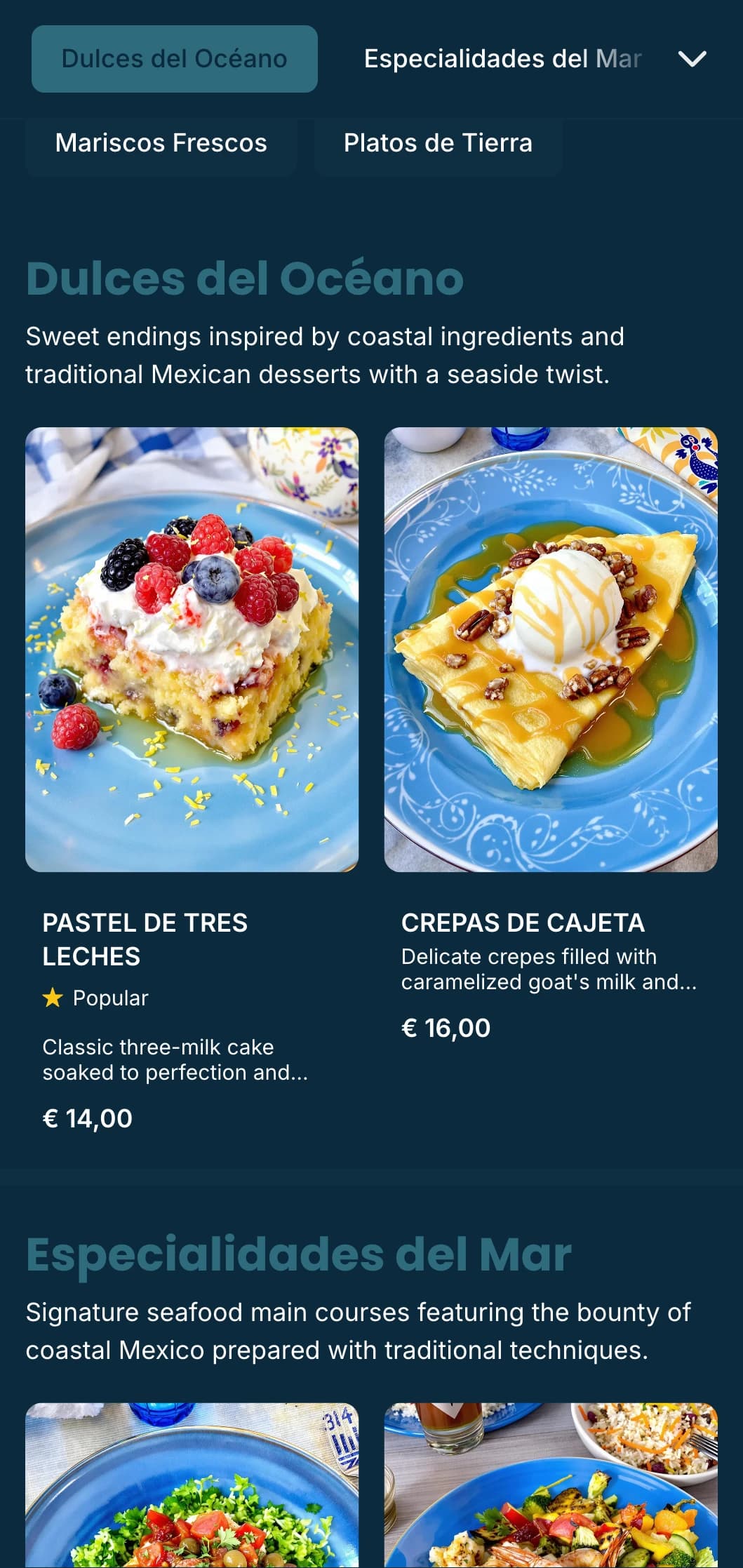 Fresh and breezy coastal Mexican menu design featuring seafood specialties with azure blue accents, subtle wave patterns, and beachside ambiance.