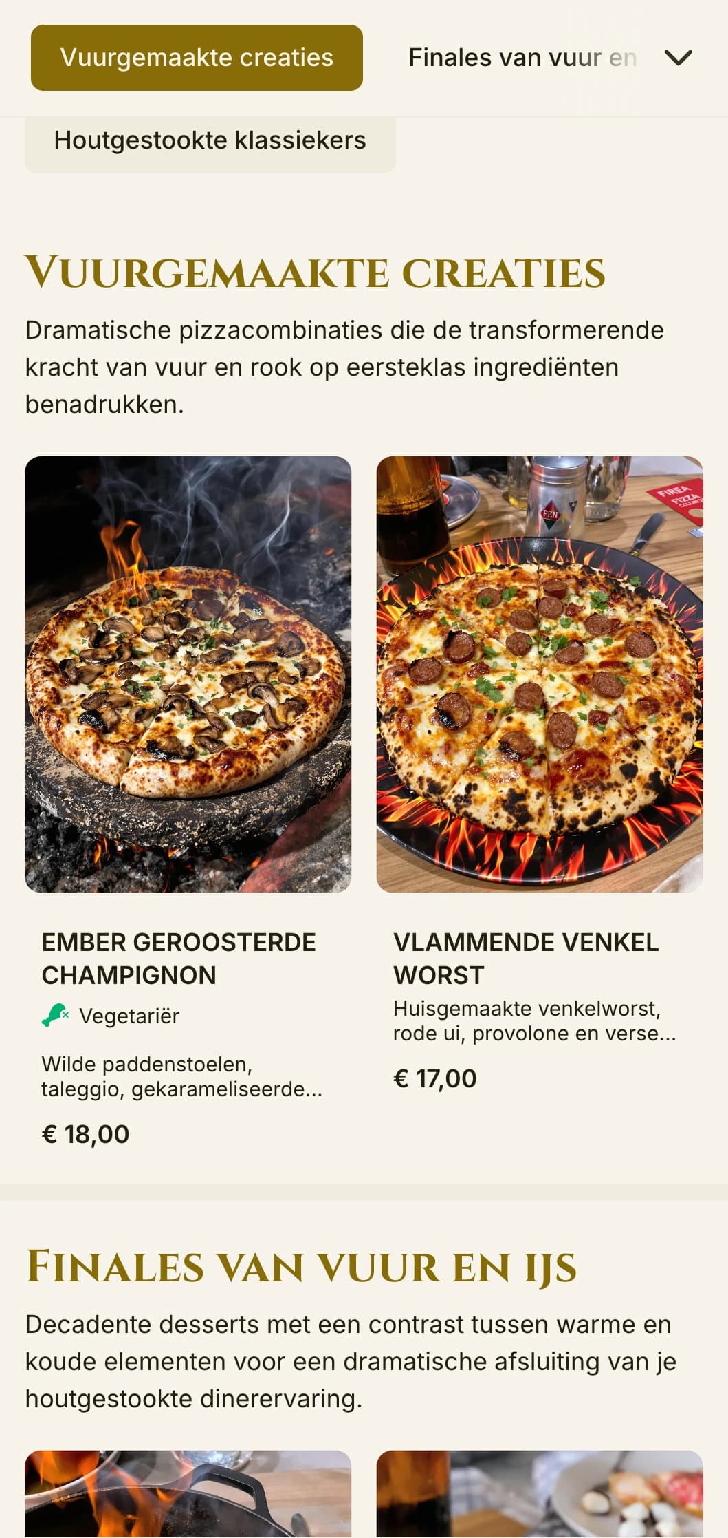 Dramatisch pizzamenu met rijke kleuren en gedurfde typografie voor houtgestookte specialisten.