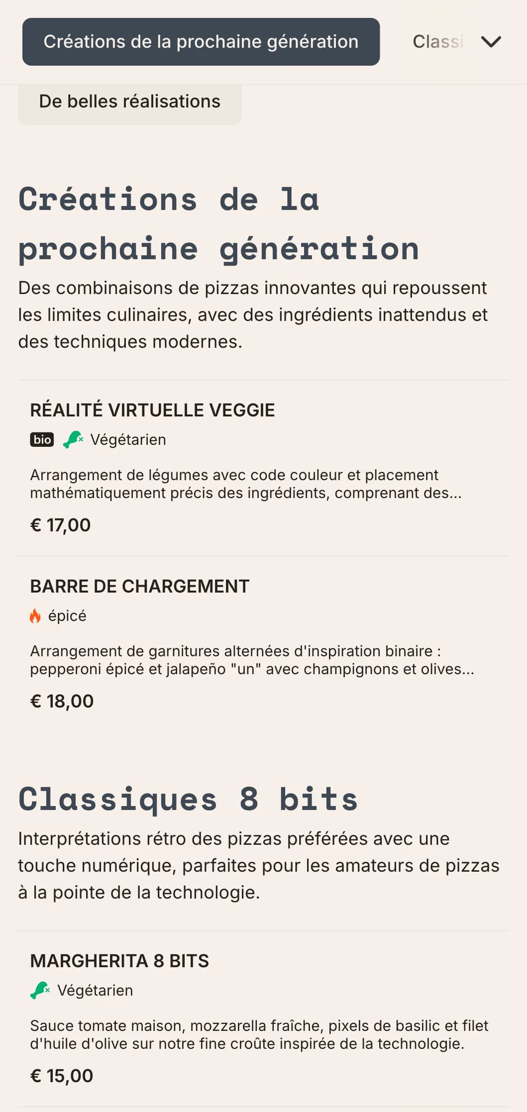 Carte de pizzas moderne inspirée par la technologie, avec une esthétique numérique pour les concepts de pizzas innovants.