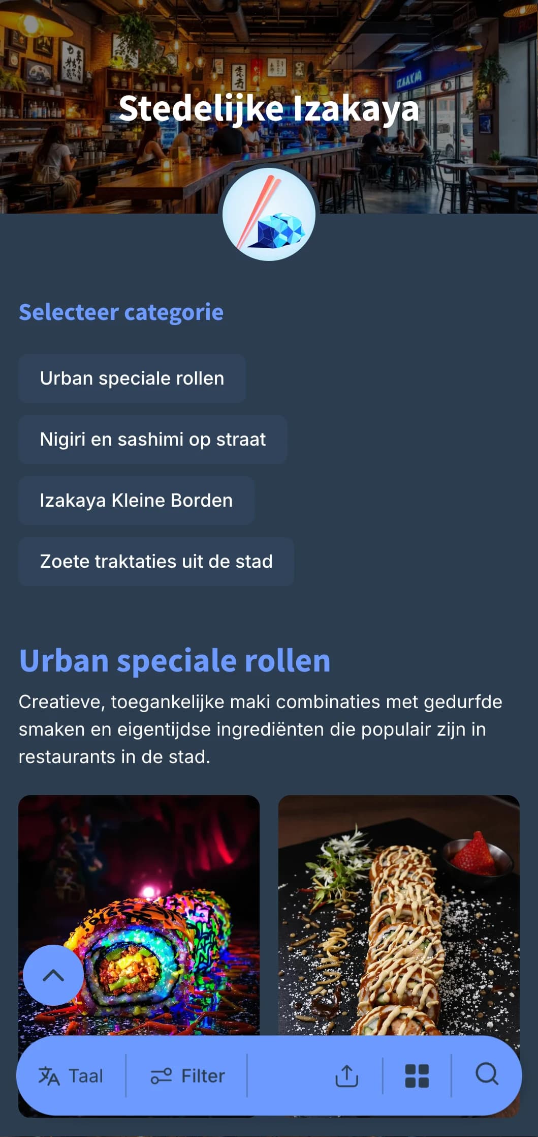 Eigentijds menu in Japanse pubstijl met stedelijke flair, met koele blauwtinten tegen diep marineblauw voor casual dineren.