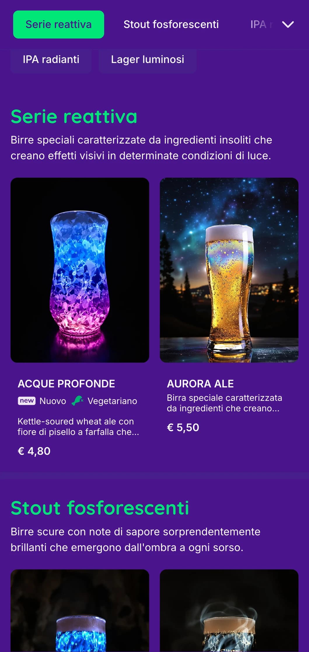 Design etereo e magico con elementi luminosi e sfondi profondi, perfetto per esperienze uniche di birra speciale.