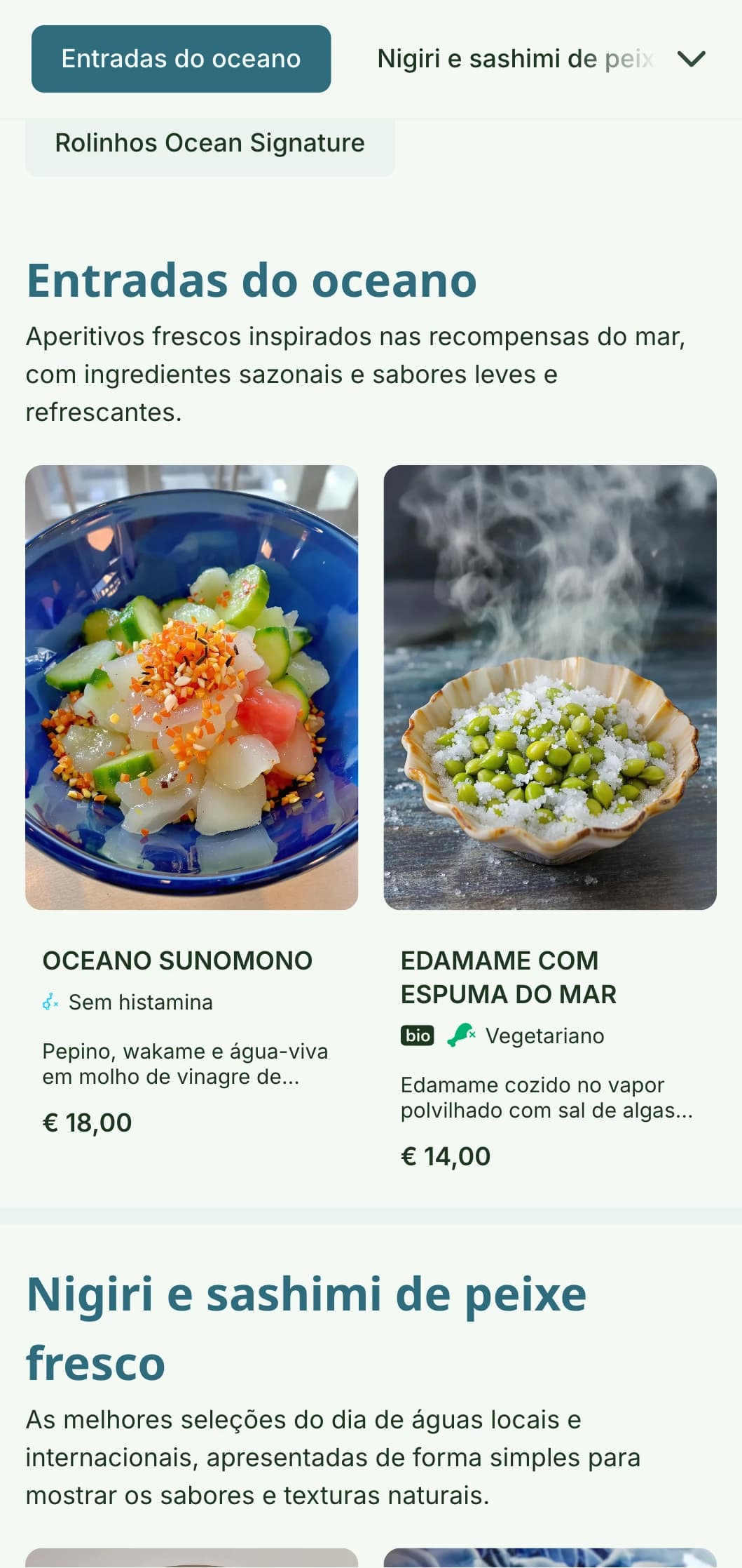 Design fresco e vibrante do cardápio de sushi inspirado nas cores do oceano, com uma paleta azul tranquila, ideal para estabelecimentos com foco em frutos do mar.