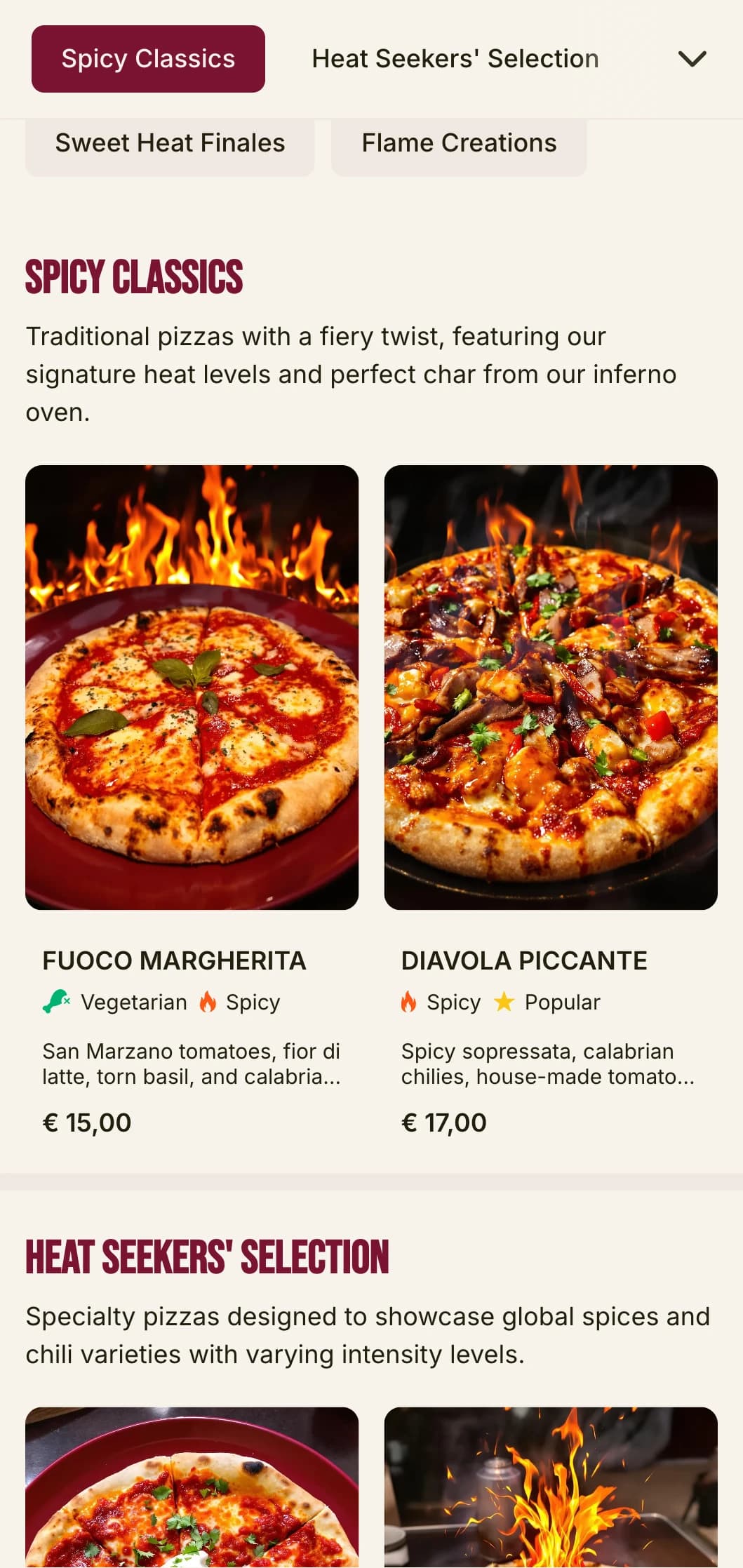 High-energy pizza menu with bold typography and vibrant colors for spicy pizza specialists.