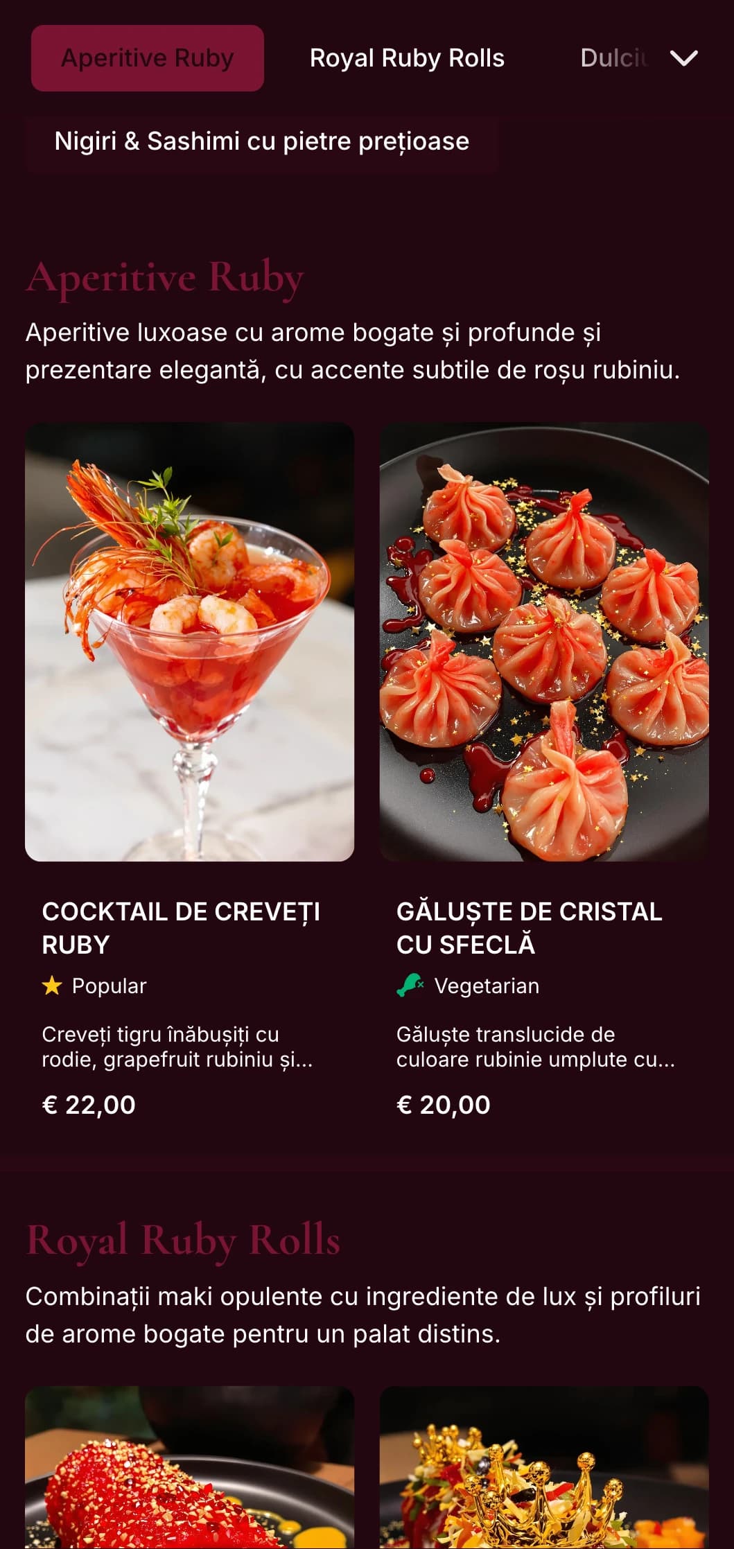 Meniu sushi bogat, inspirat din roșu intens, cu tonuri rubinii luxoase, pentru restaurante asiatice premium.