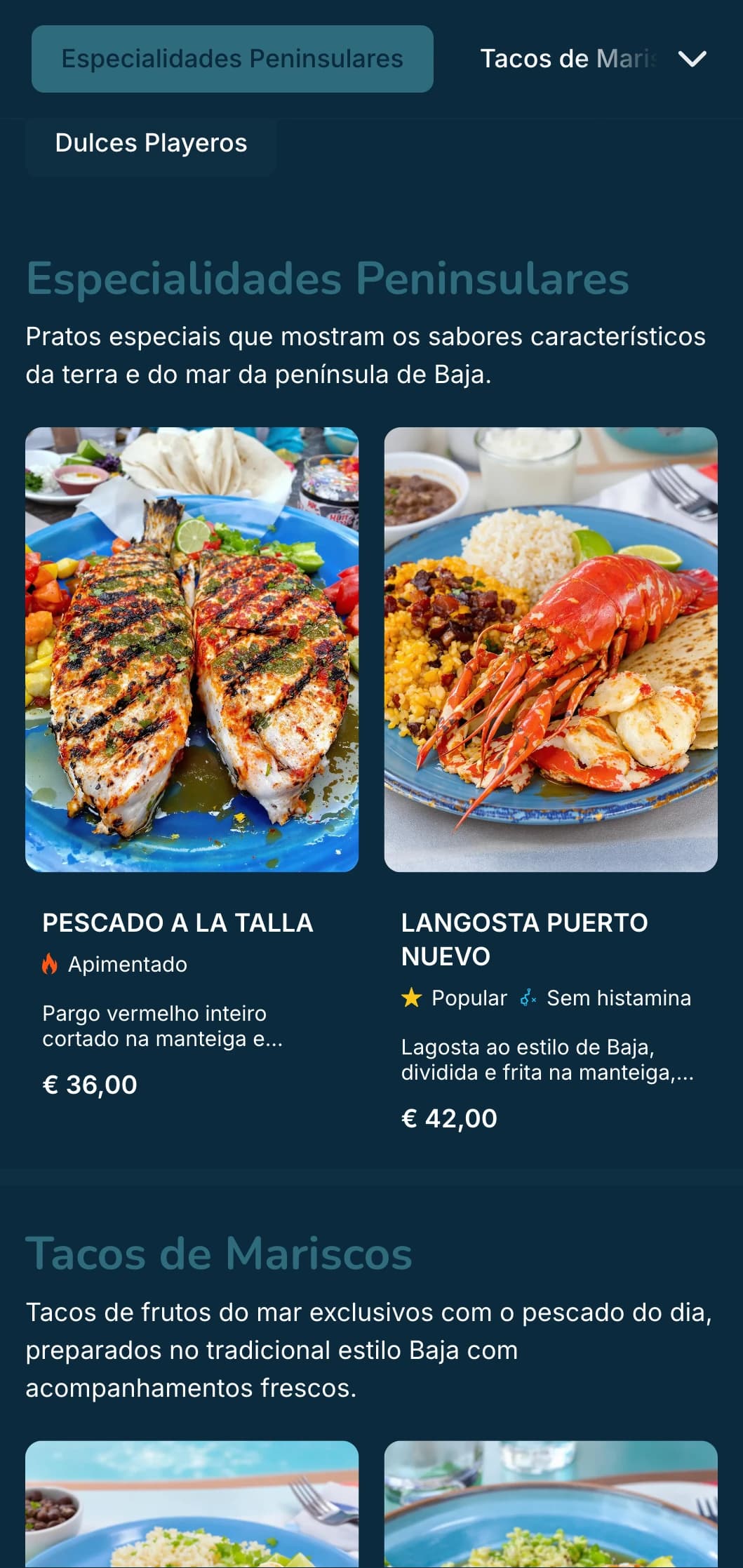 Cardápio leve e refrescante inspirado em Baja, com tacos de frutos do mar, ingredientes frescos e toques de azul litorâneo com um clima moderno de praia.