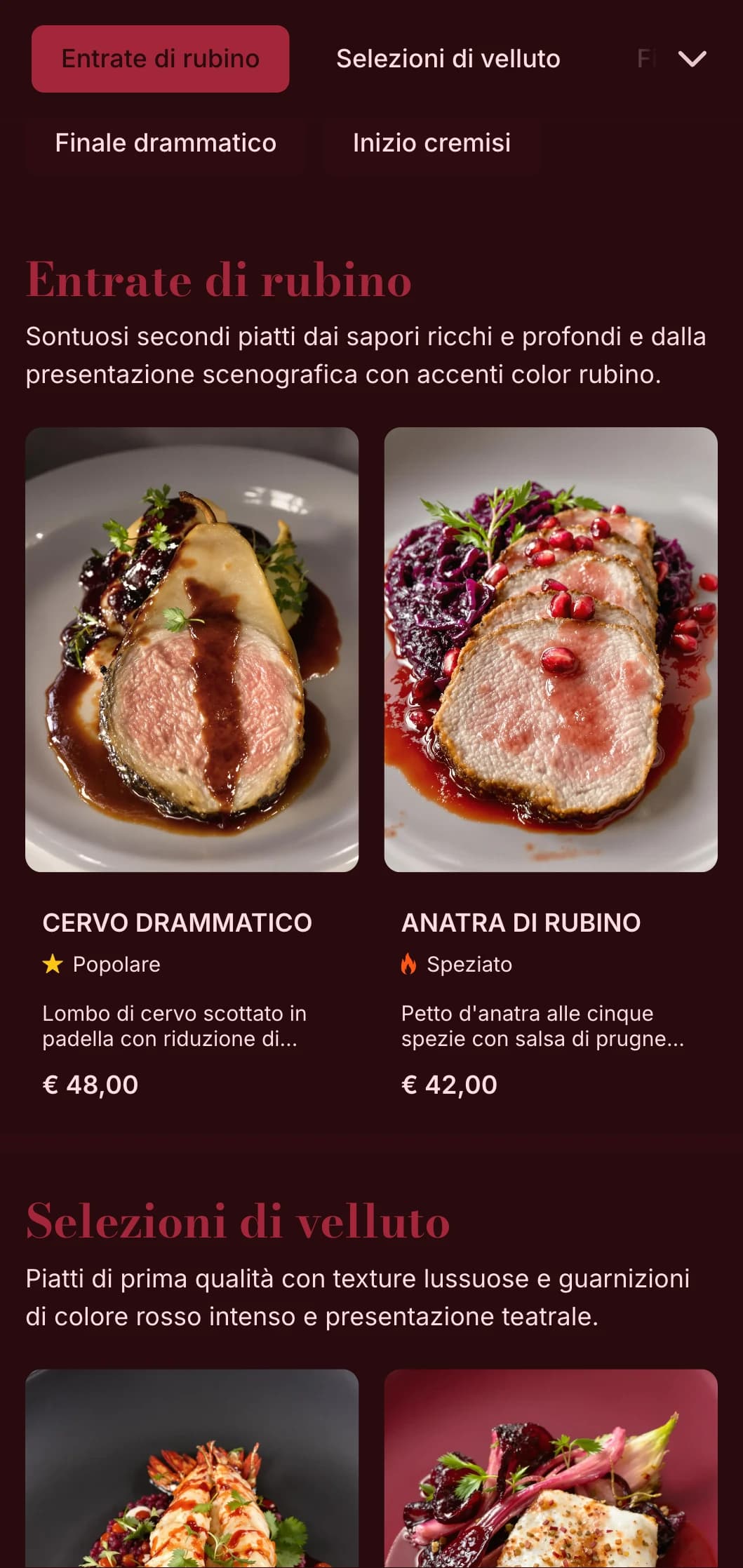 Un concetto di ristorazione ricco e drammatico, con toni rossi profondi e texture opulente che creano un'esperienza culinaria teatrale.