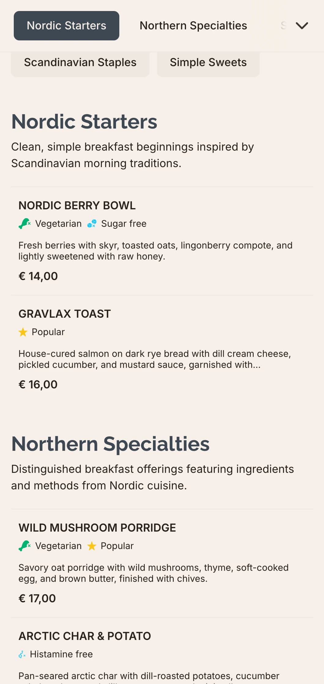 Scandinavian-inspired breakfast with clean flavors, simple ingredients, and understated presentation.
