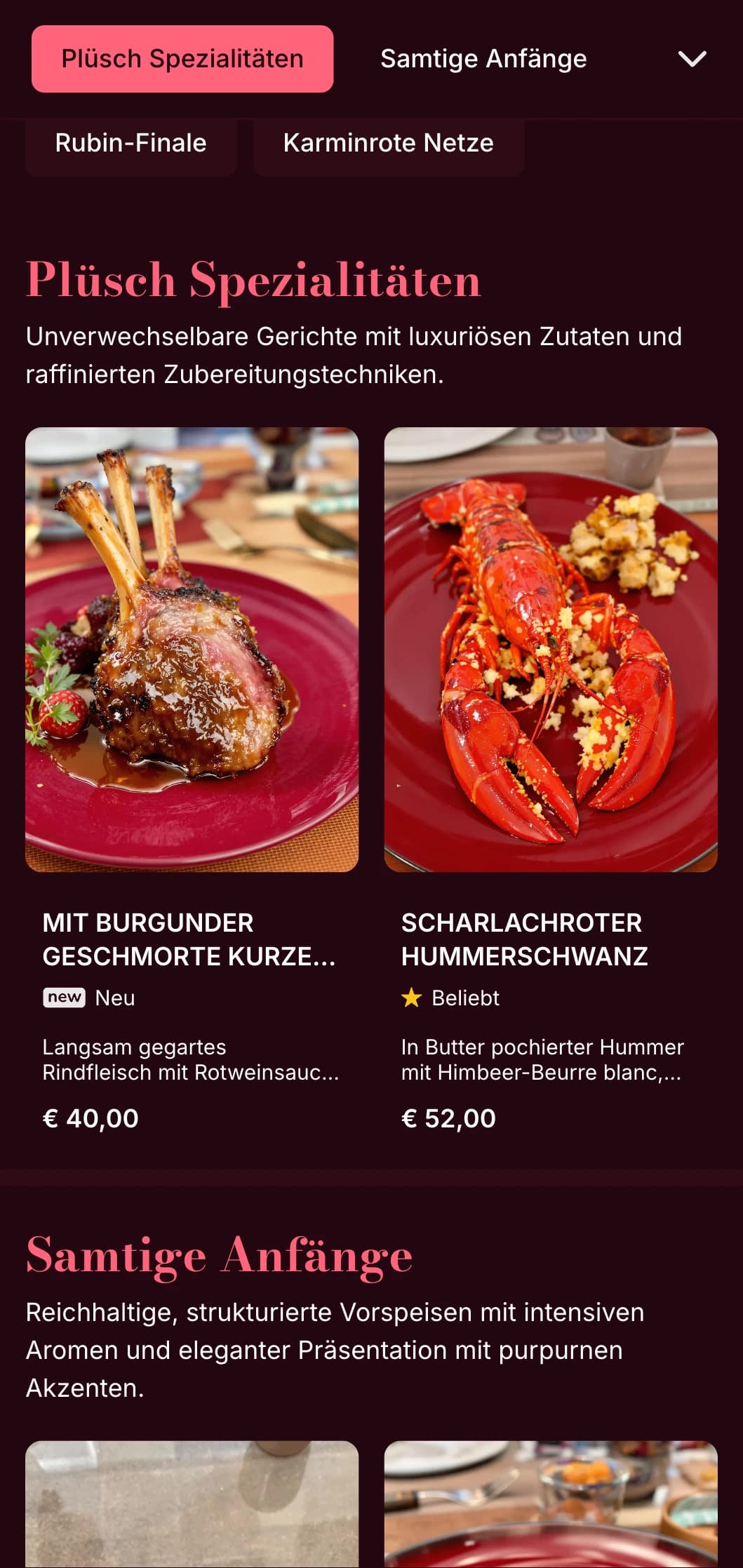 Ein reichhaltiges, samtiges Abendmenü mit tiefen Rottönen und subtiler Textur, das für intime Fine-Dining-Erlebnisse konzipiert wurde.