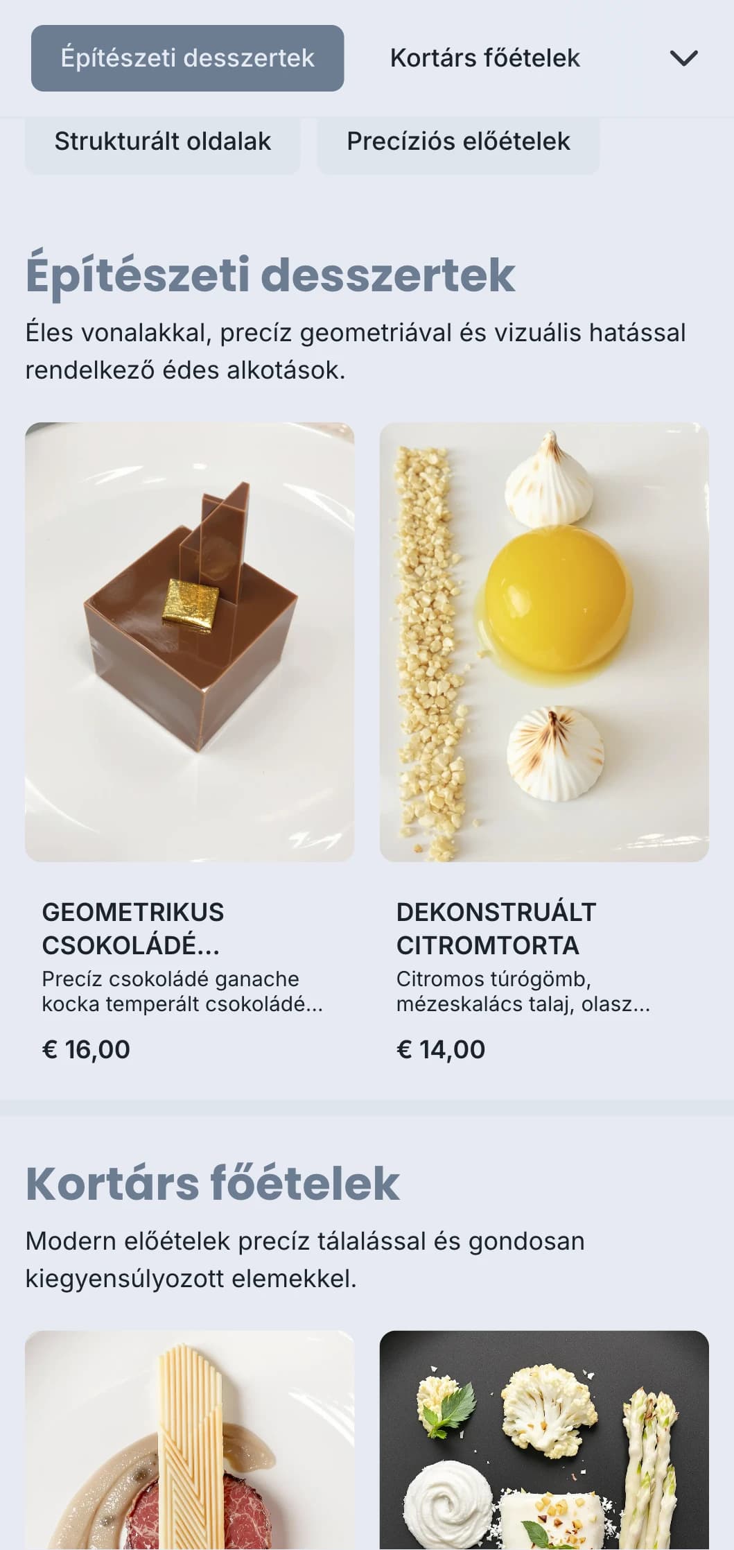 Letisztult, strukturált catering design geometrikus tálalással, precíz adagokkal és monokróm színösszeállításokkal a kortárs rendezvények számára.