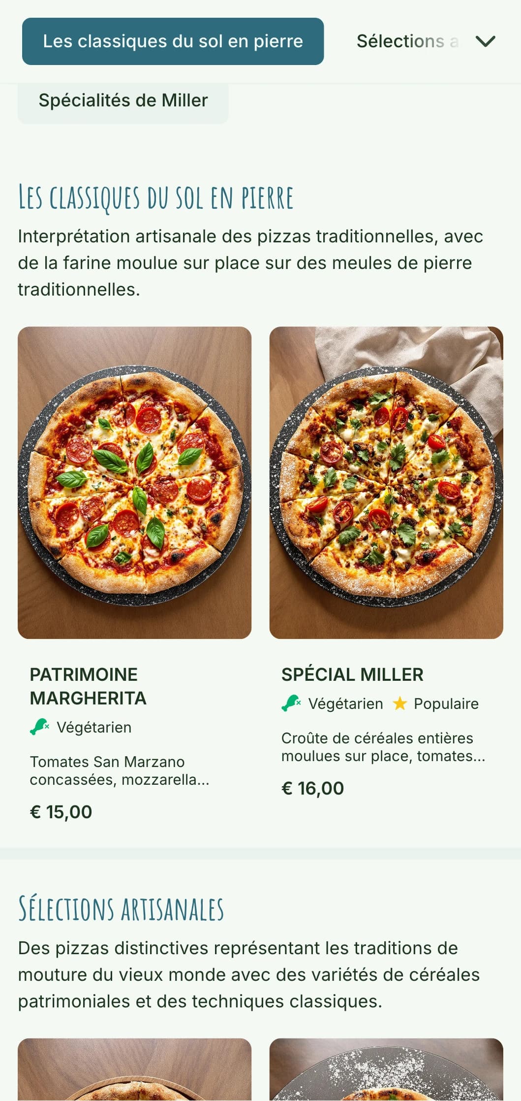Carte de pizzas rustiques à base de farine de pierre, avec des éléments artisanaux et une esthétique naturelle.