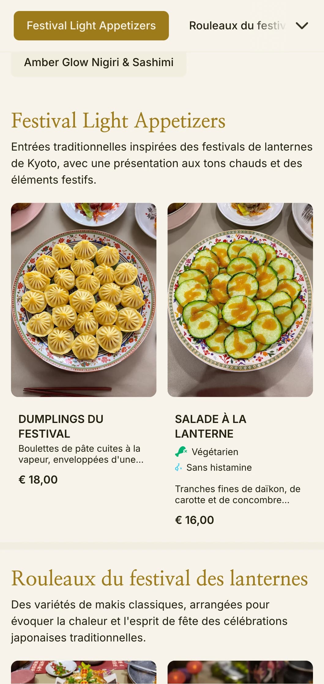 Menu de sushi traditionnel inspiré des lanternes, avec des tons ambrés et chauds pour une atmosphère japonaise authentique.