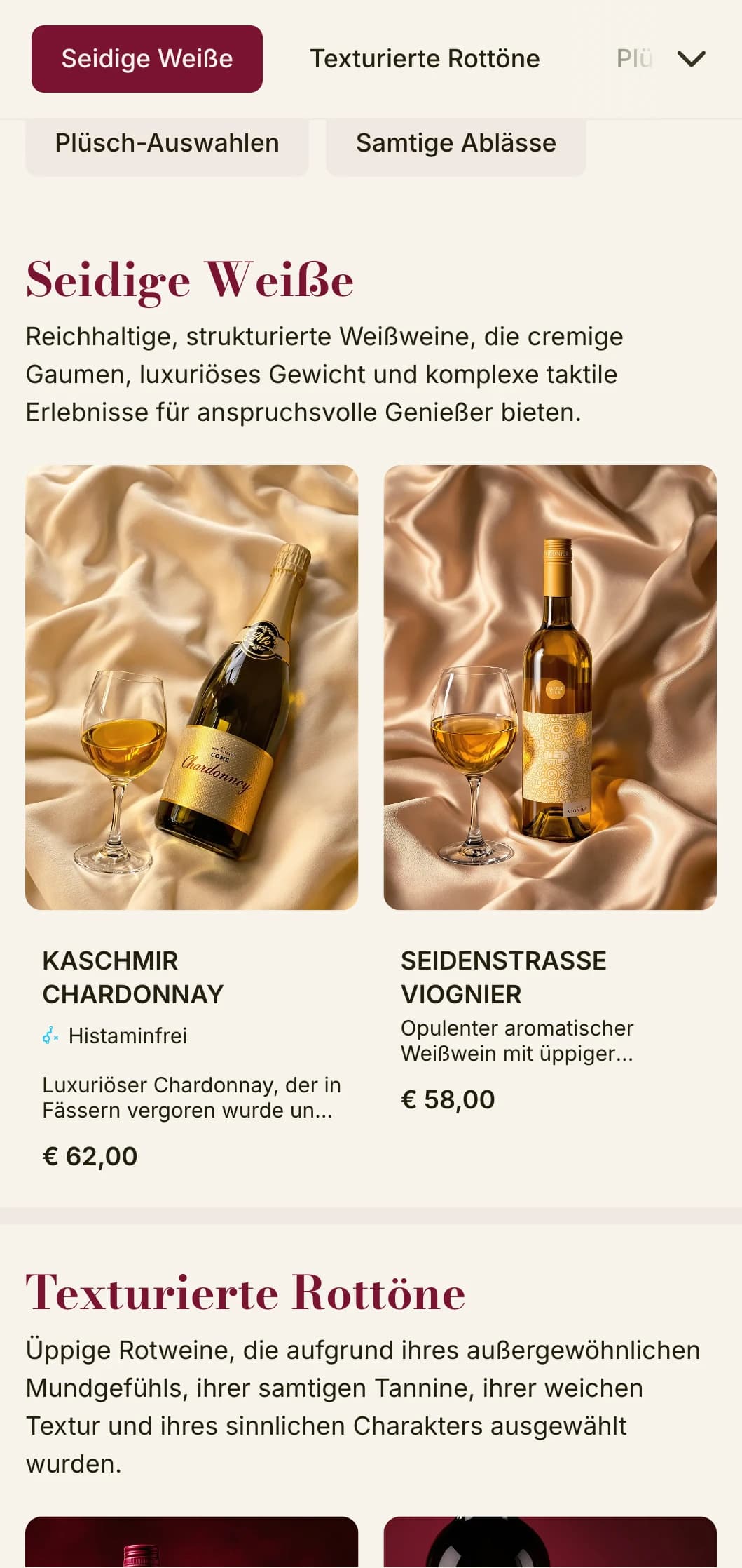 Reich strukturierte Weinkartenvorlage mit tiefroten Samtakzenten und luxuriösen Elementen, ideal für gehobene Weinkeller und intime Lokale.
