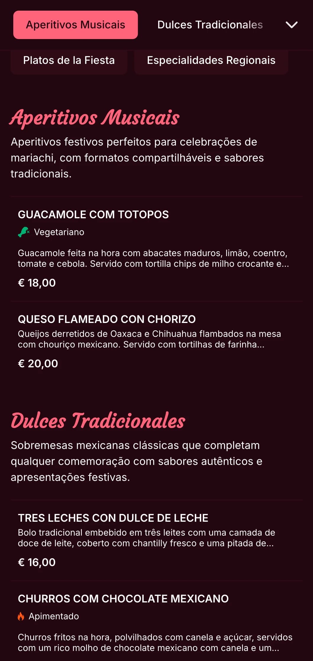 Cardápio mexicano animado e musical com detalhes em rosa brilhante, imagens de mariachi e pratos festivos perfeitos para comemorações e festas.