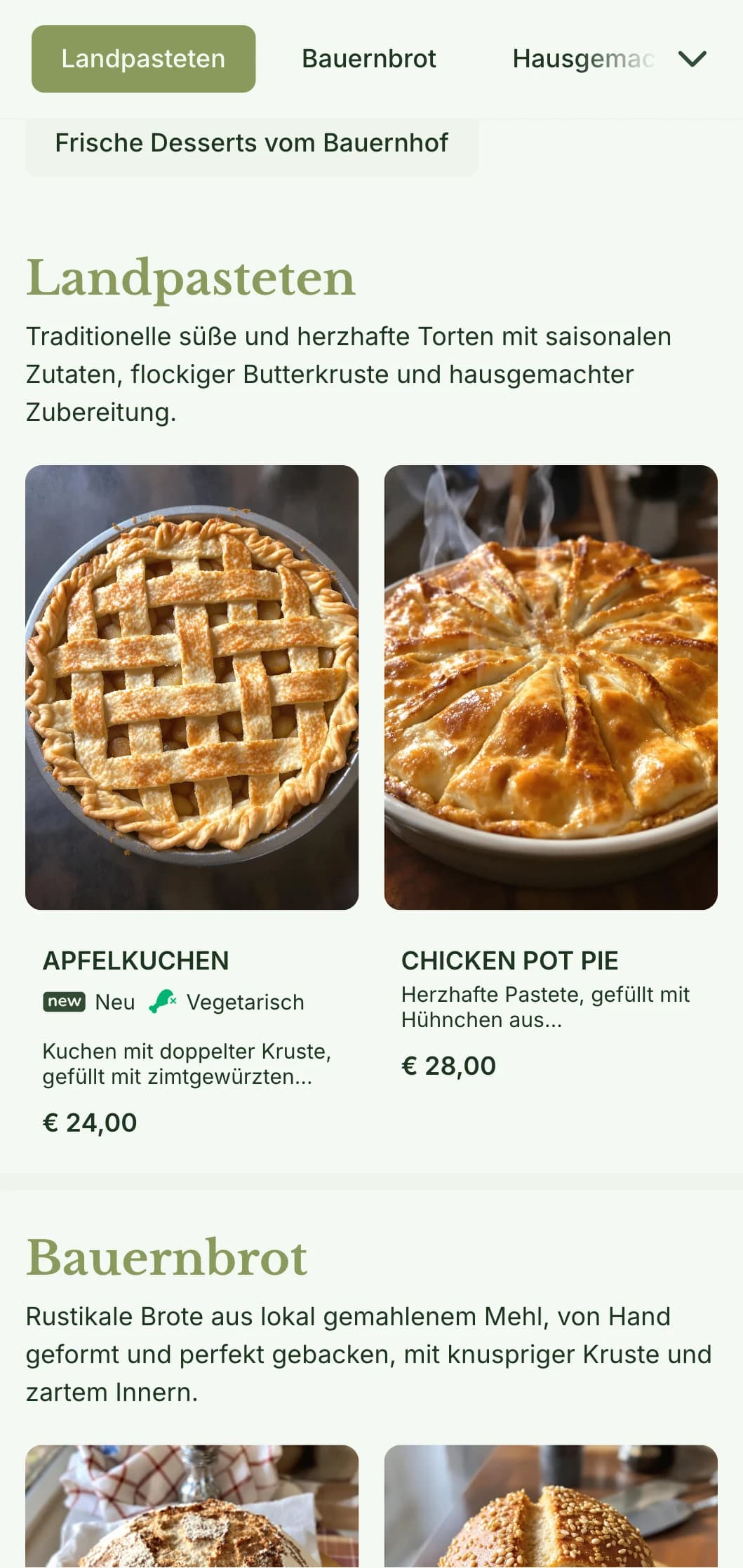 Ein heimeliges, ländliches Bäckerei-Menü-Design mit warmen Grüntönen und traditioneller Typografie, das sich perfekt für Bäckereien und Läden im Landhausstil eignet.