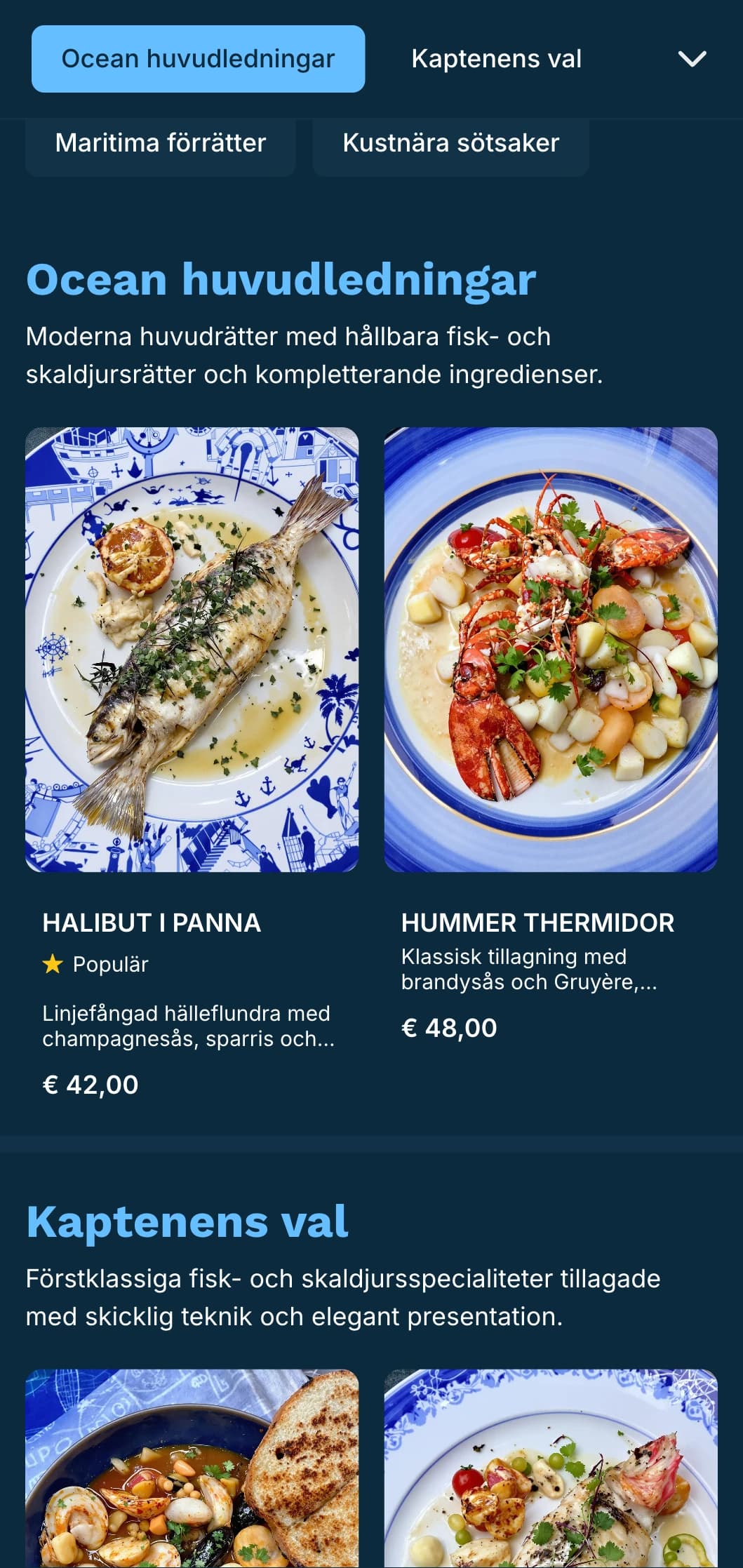 En krispig, blåtonad middagsmeny med nautiska influenser, perfekt för exklusiva fisk- och skaldjursrestauranger.