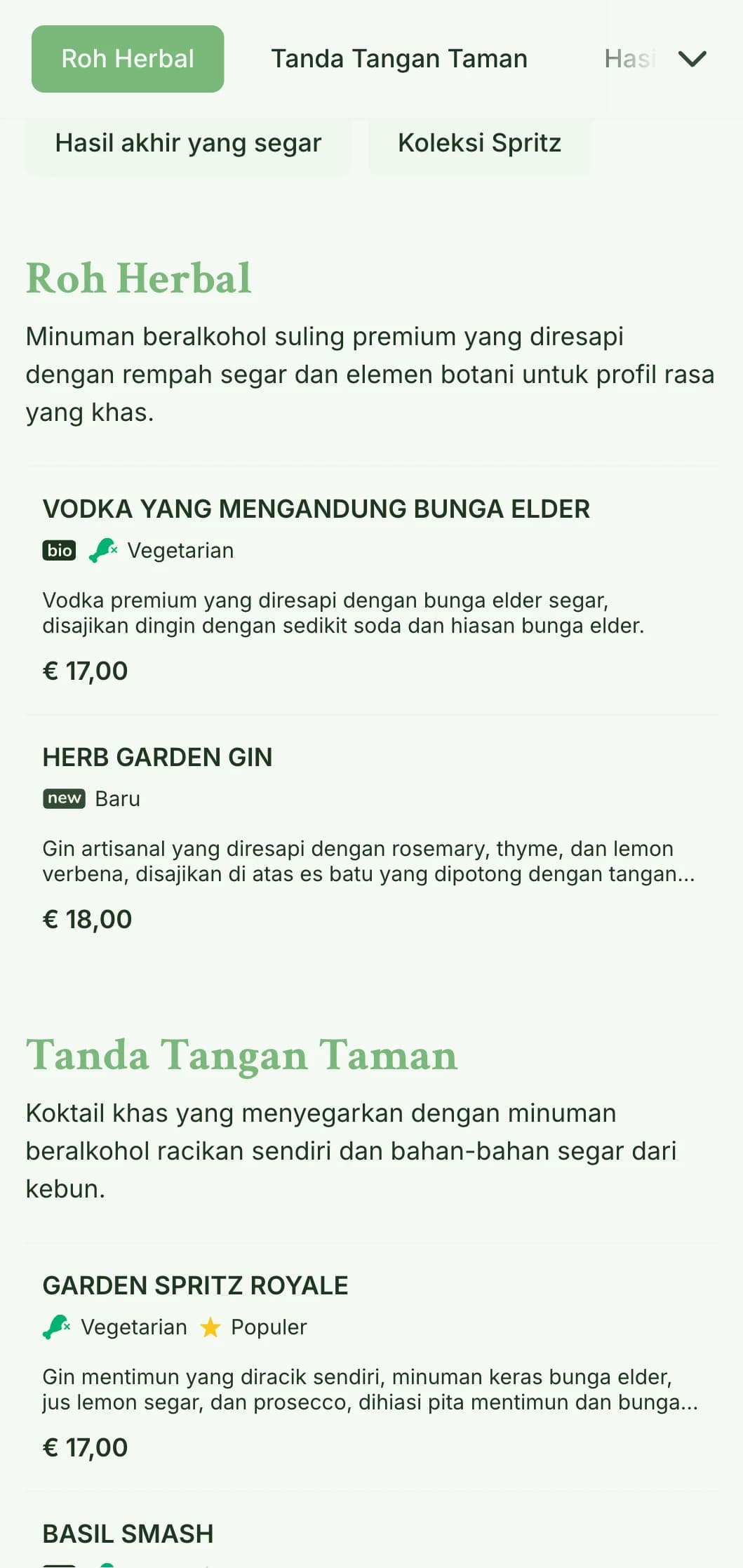 Desain segar yang terinspirasi dari taman untuk bar yang berspesialisasi dalam spritzer dan koktail botani segar yang menampilkan tipografi yang ringan dan lapang.