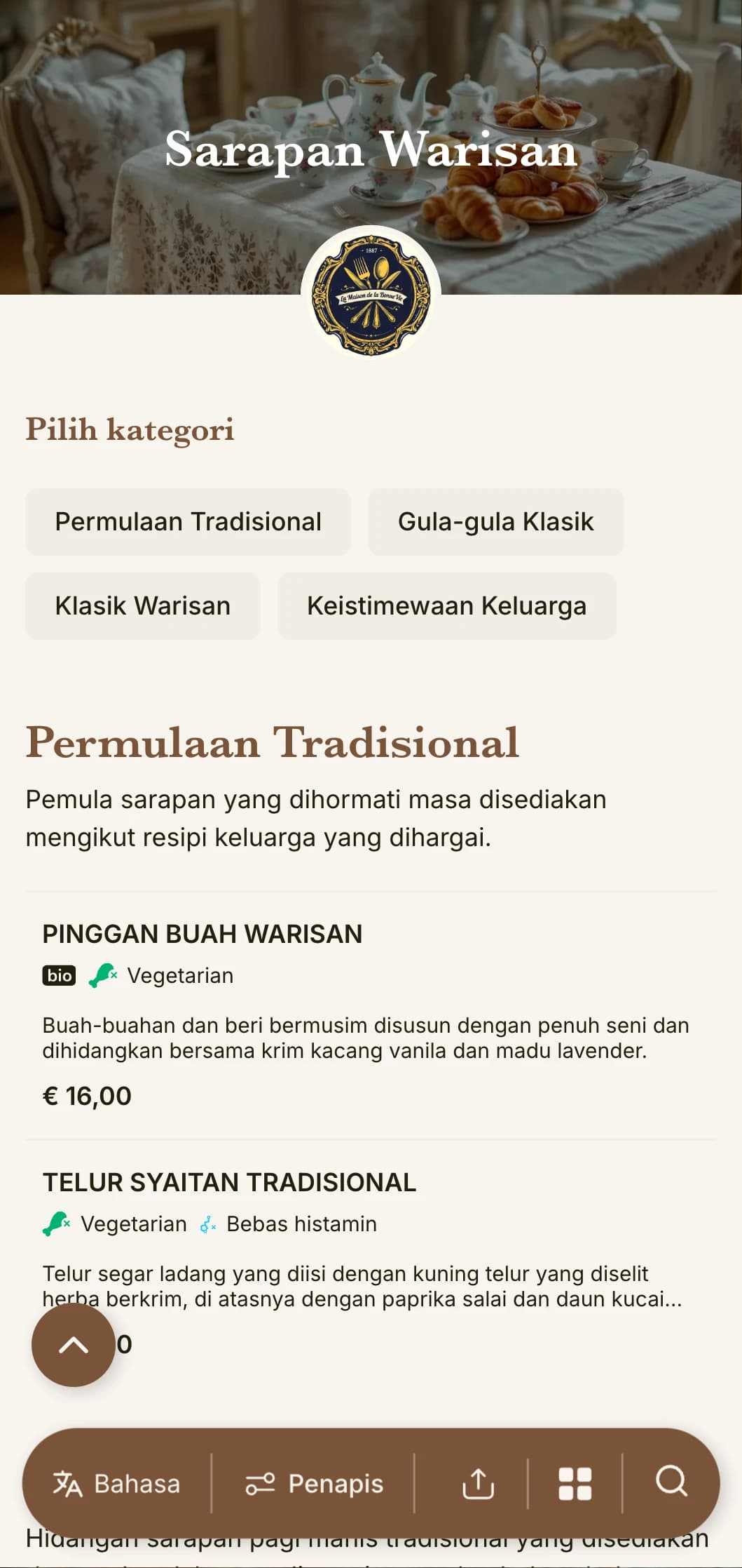 Pilihan sarapan tradisional yang diilhamkan oleh resipi keluarga abadi dan teknik masakan klasik.