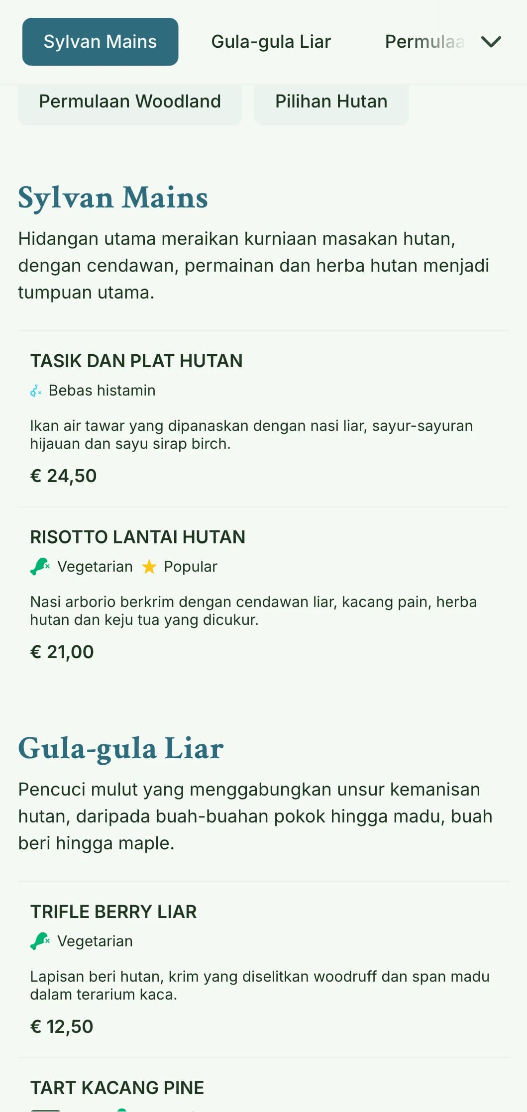 Reka bentuk menu makan tengah hari yang tenang dan berinspirasikan hutan dengan tekstur organik dan rona bumi, sesuai untuk restoran berhampiran persekitaran semula jadi dan taman.