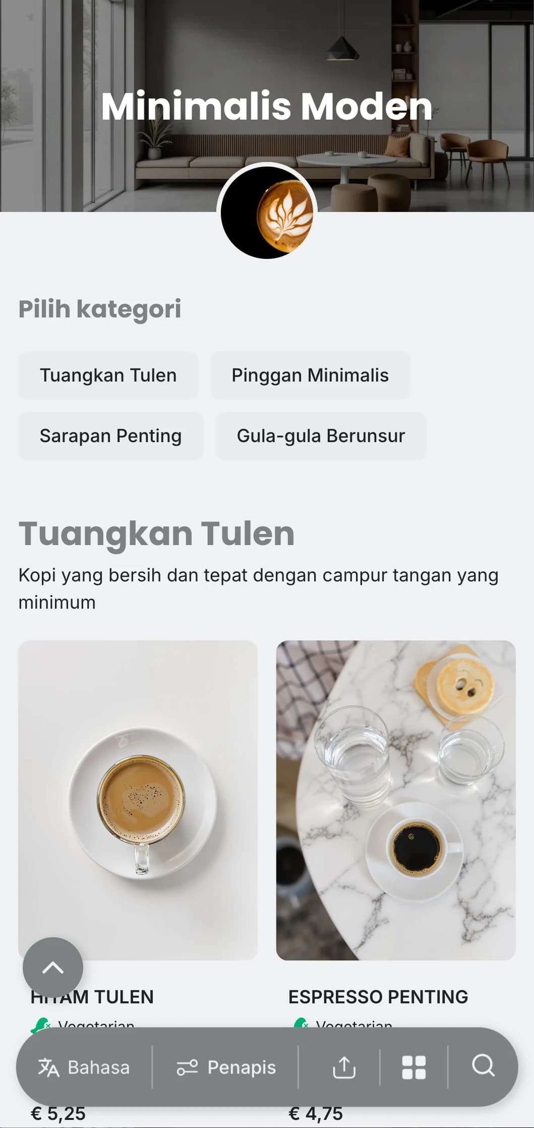 Reka bentuk monokromatik bersih dengan elemen minimum untuk kafe kontemporari dengan estetika moden.