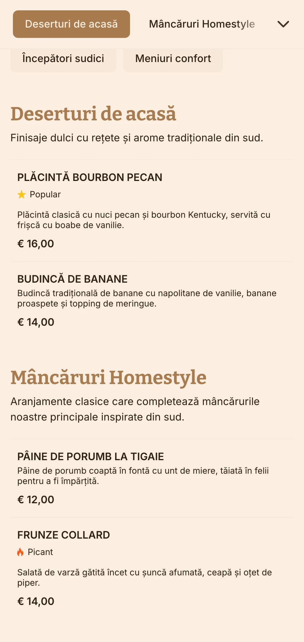 Catering în stil sudic, cu clasice de confort, porții generoase și prezentare în stil casnic pentru reuniuni de familie și întâlniri ocazionale.