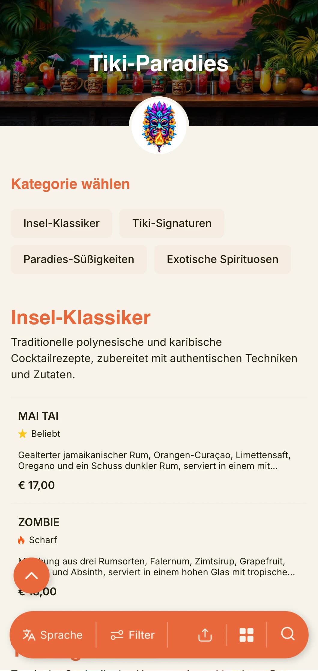Ein exotisches, lebendiges Design für Tiki-Bars und tropische Cocktail-Lounges mit verspielter Typografie und warmen Farben.