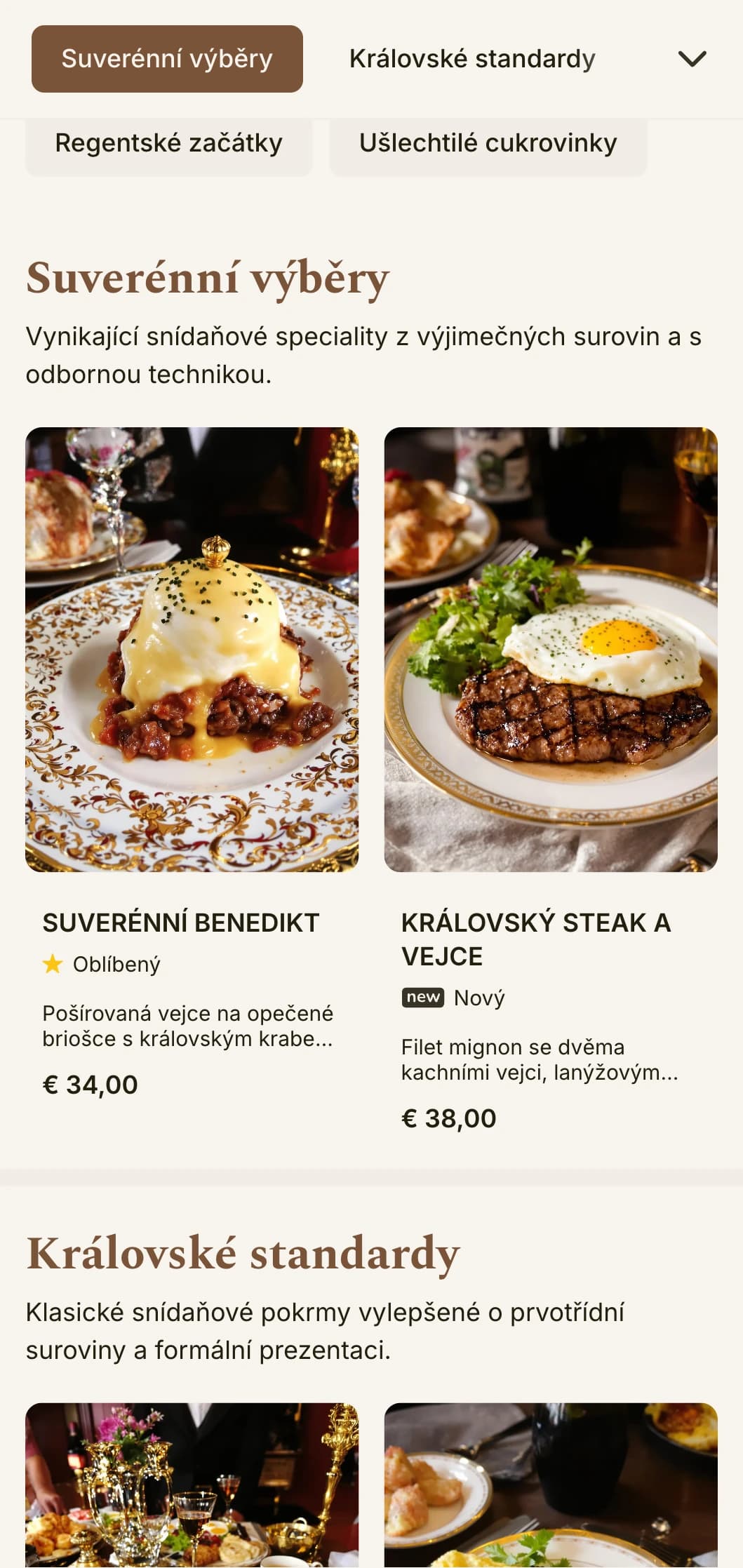 Sofistikované ranní jídlo inspirované luxusním hotelovým stolováním, podávané s elegantní formálností a z prvotřídních surovin.
