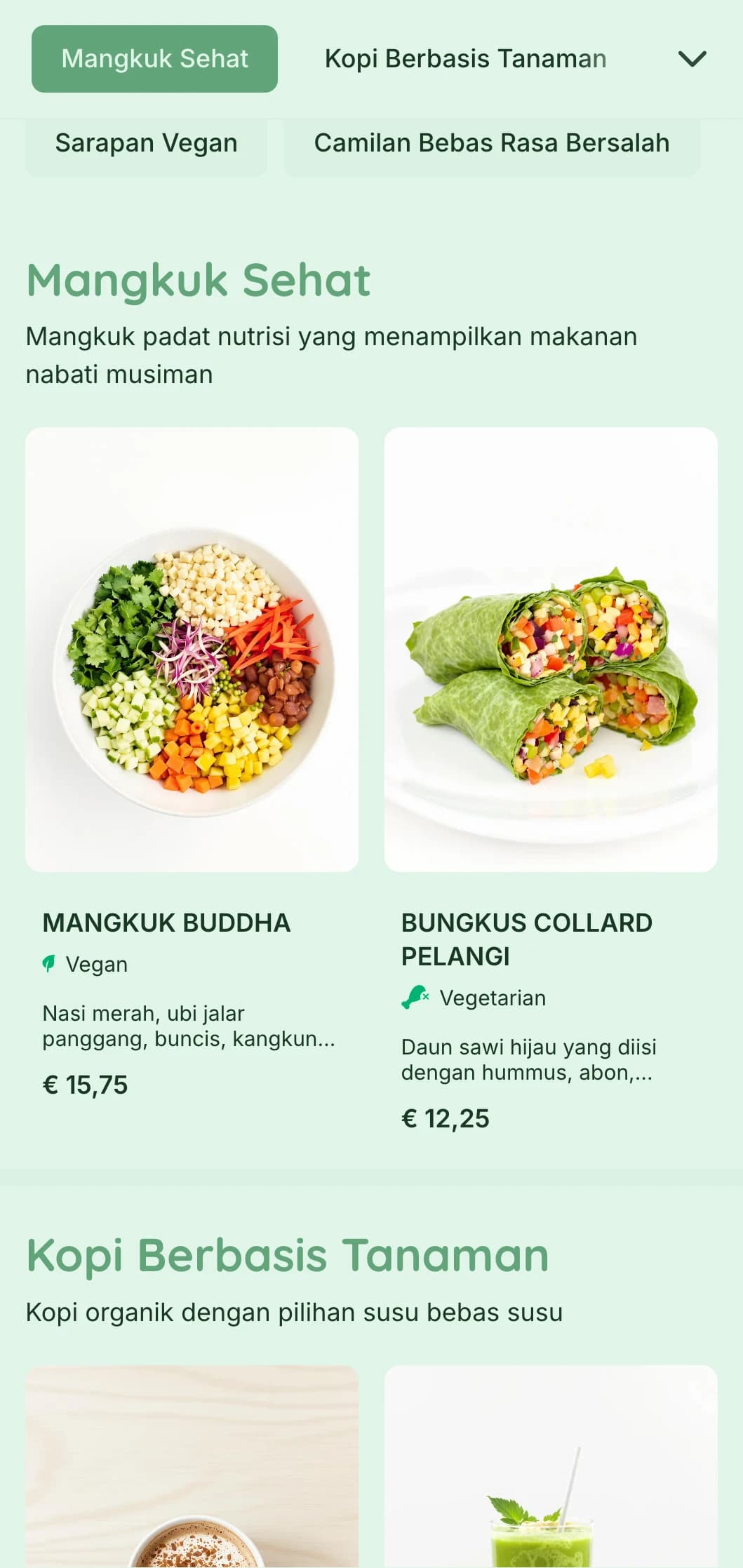 Desain hijau segar yang menyoroti sajian nabati untuk kafe vegan dan tempat makanan sehat.