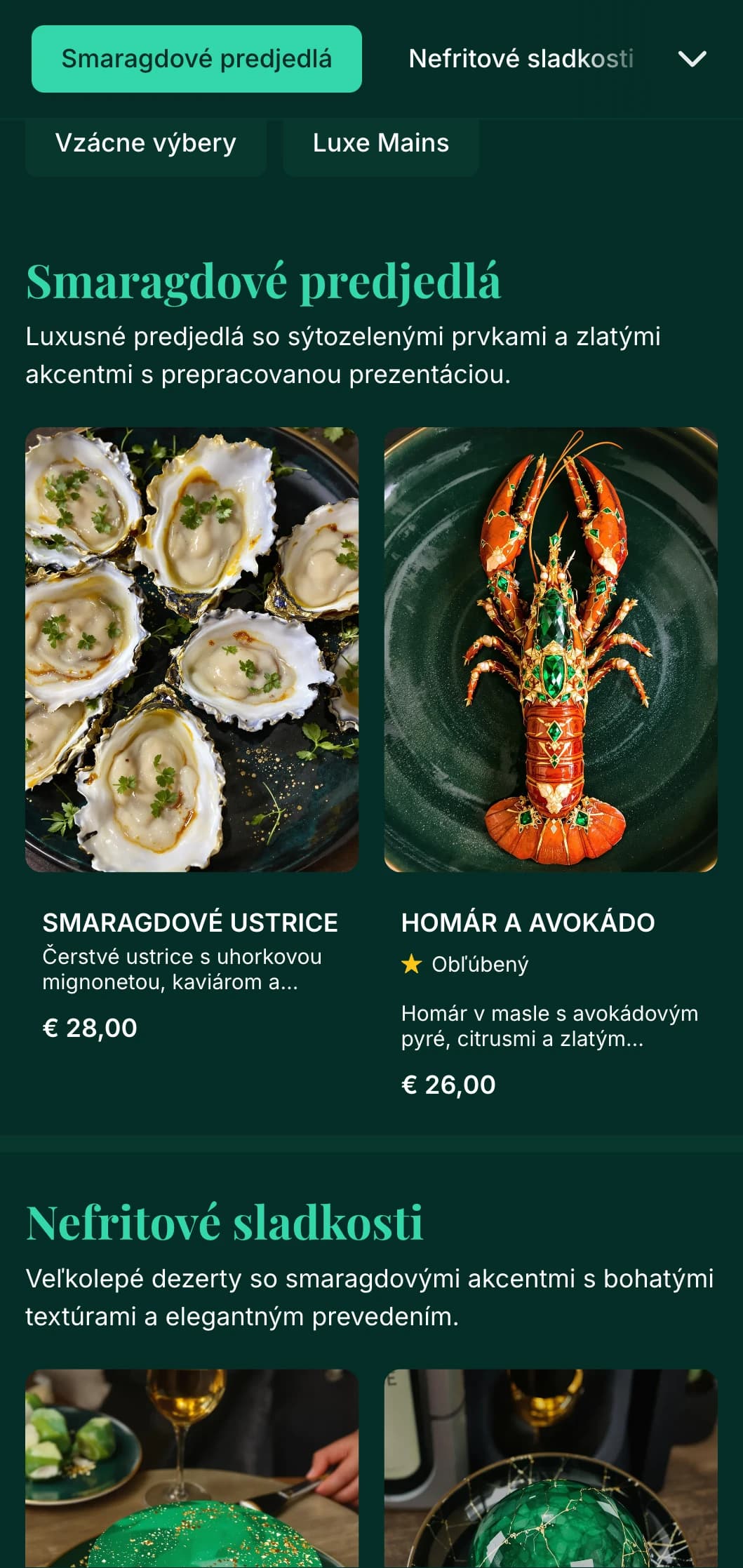Luxusné večerné menu v bohatých smaragdových tónoch a so zlatými akcentmi, určené pre luxusné gastronomické zariadenia.