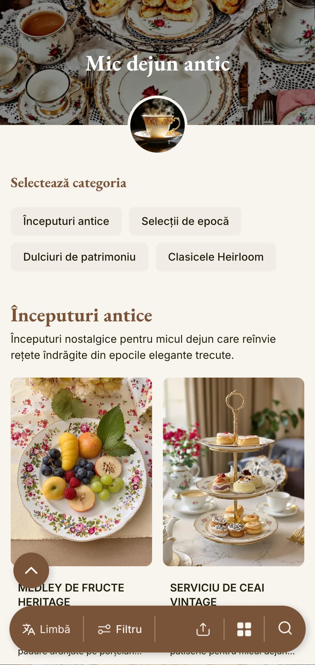 Selecții nostalgice de dimineață inspirate din rețete moștenite, prezentate cu farmec vintage și eleganță clasică.