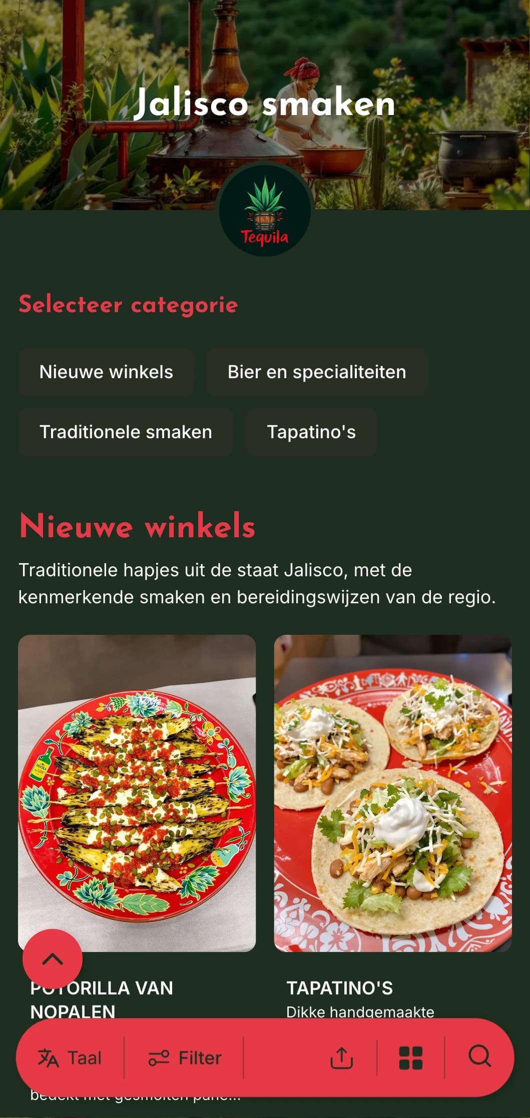 Levendig en smaakvol menu met specialiteiten uit Jalisco, waaronder tequila, birria en traditionele mariachi-geïnspireerde gerechten.
